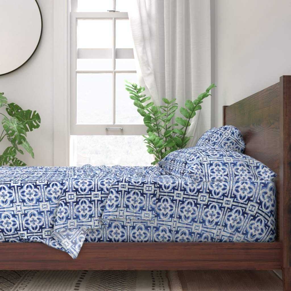 Spoonflower 100% Cotton Twin Size 3-Piece Sheet Set - Blue Indigo Quatrefoil Cobalt Clover White Trellis Pattern 2593 | Custom Printed Bedding for Cozy Bedroom Decor & Guest Room Essentials