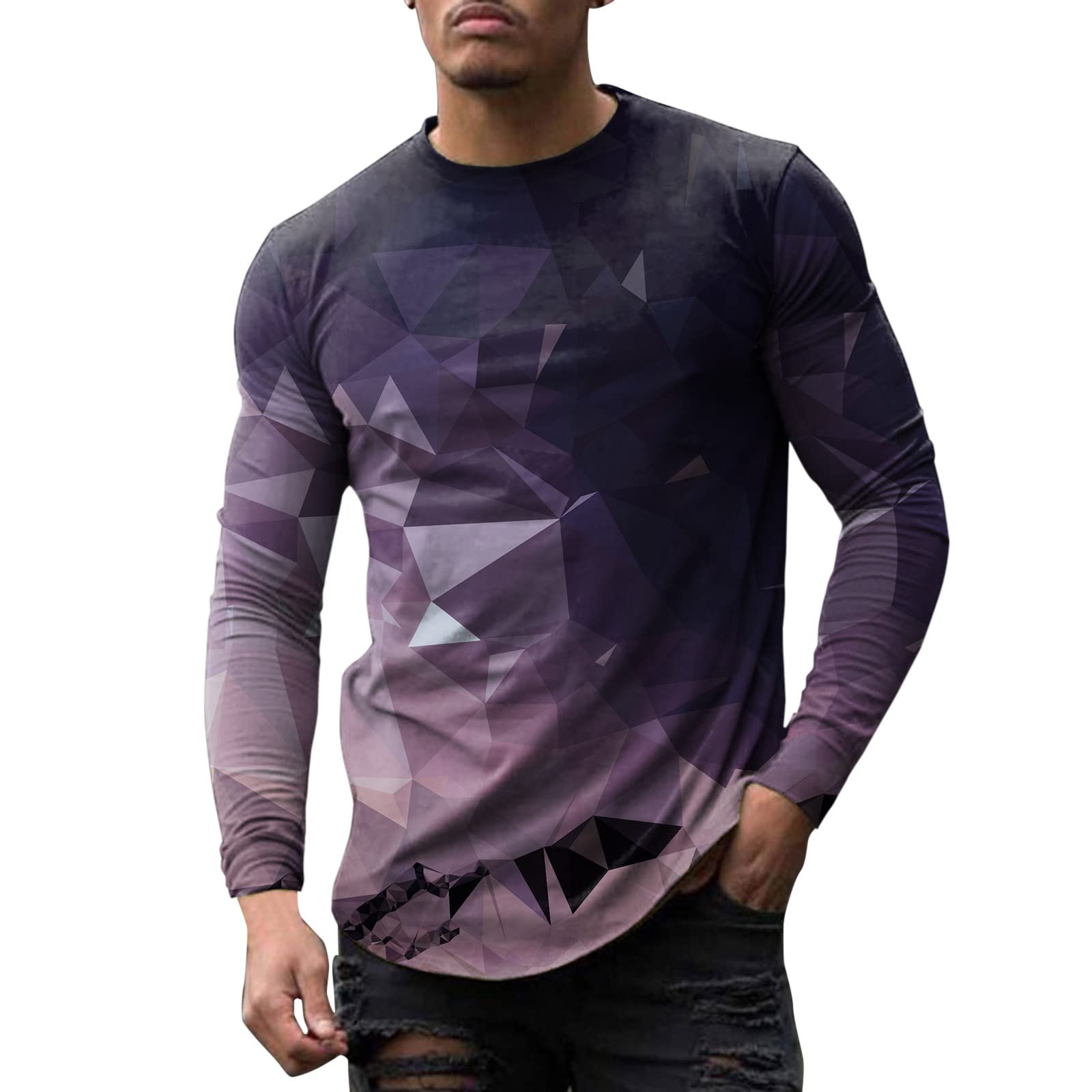 Men's Printed Long Sleeve Casual Blouse Shirt - Round Neck Spring T-Shirt Top for Work & Daily Wear | Office, Date Night, Weekend Outfits