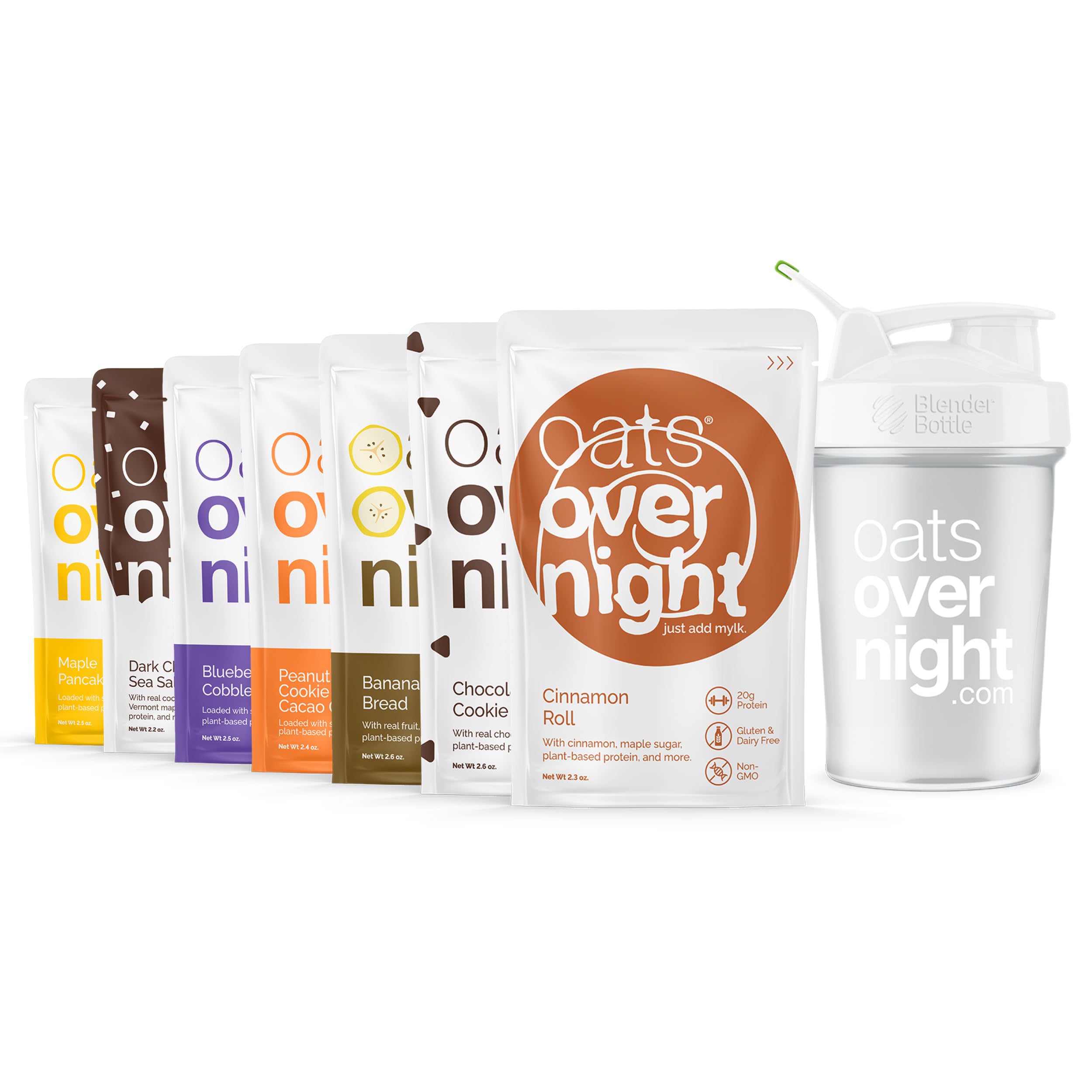 Oats Overnight Vegan Variety Pack - High Protein, High Fiber Breakfast Protein Shake | Gluten Free, Non-GMO Oatmeal with Banana Bread & Blueberry Cobbler Flavors (8 Pack + BlenderBottle) - Perfect for Quick Breakfast, Post-Workout Recovery & On-the-Go Nutrition