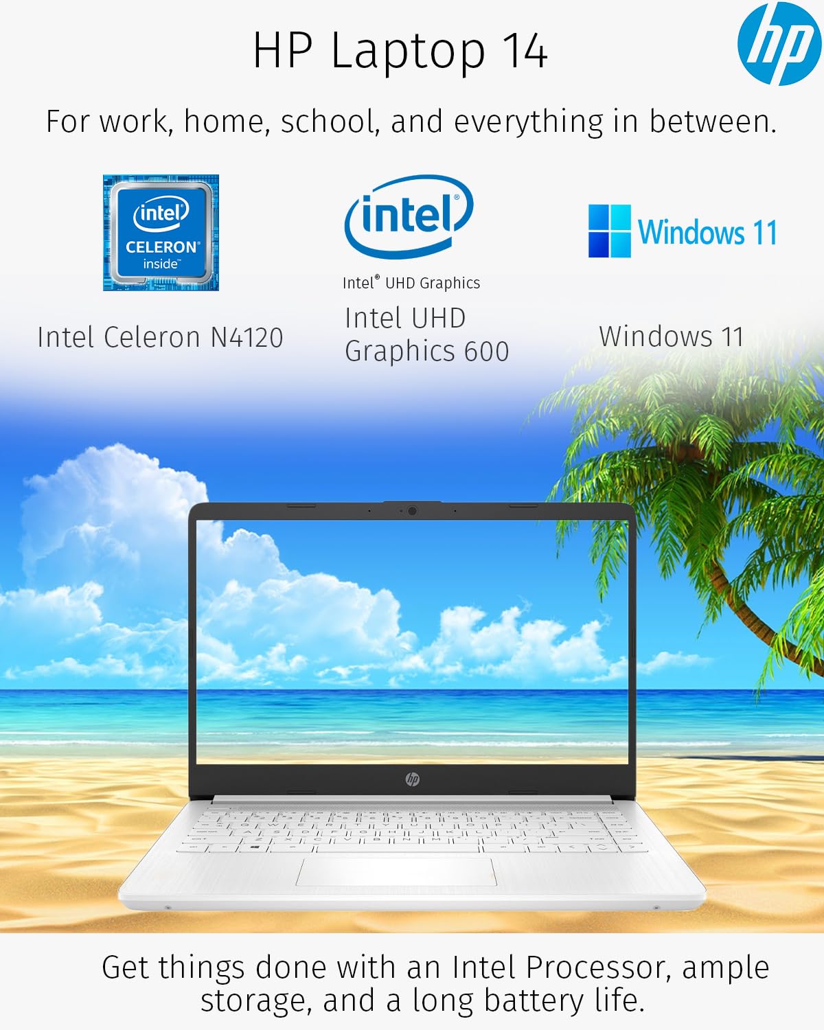 HP 14-inch Thin & Light Laptop for Students - Intel Processor, 8GB RAM, 64GB eMMC + 128GB SD Card, Windows 11, 1 Year Microsoft Office, Webcam, Long Battery Life (White) - Perfect for College, Online Classes & Remote Work