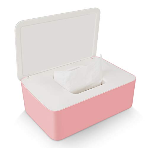 Brianer Wet Wipes Dispenser with Lid - Dustproof Tissue Storage Box for Home & Office Desk - Portable Dry/Wet Tissue Paper Case Holder (White & Pink) - Perfect for Bathroom, Kitchen, Nursery, and Travel Use