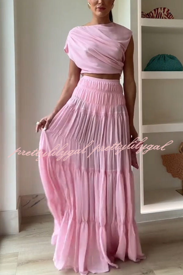 Elegant Chiffon Ruched Shoulder Short Sleeve Crop Top Women's Fashion Blouse for Summer Outfits, Date Night & Party Wear