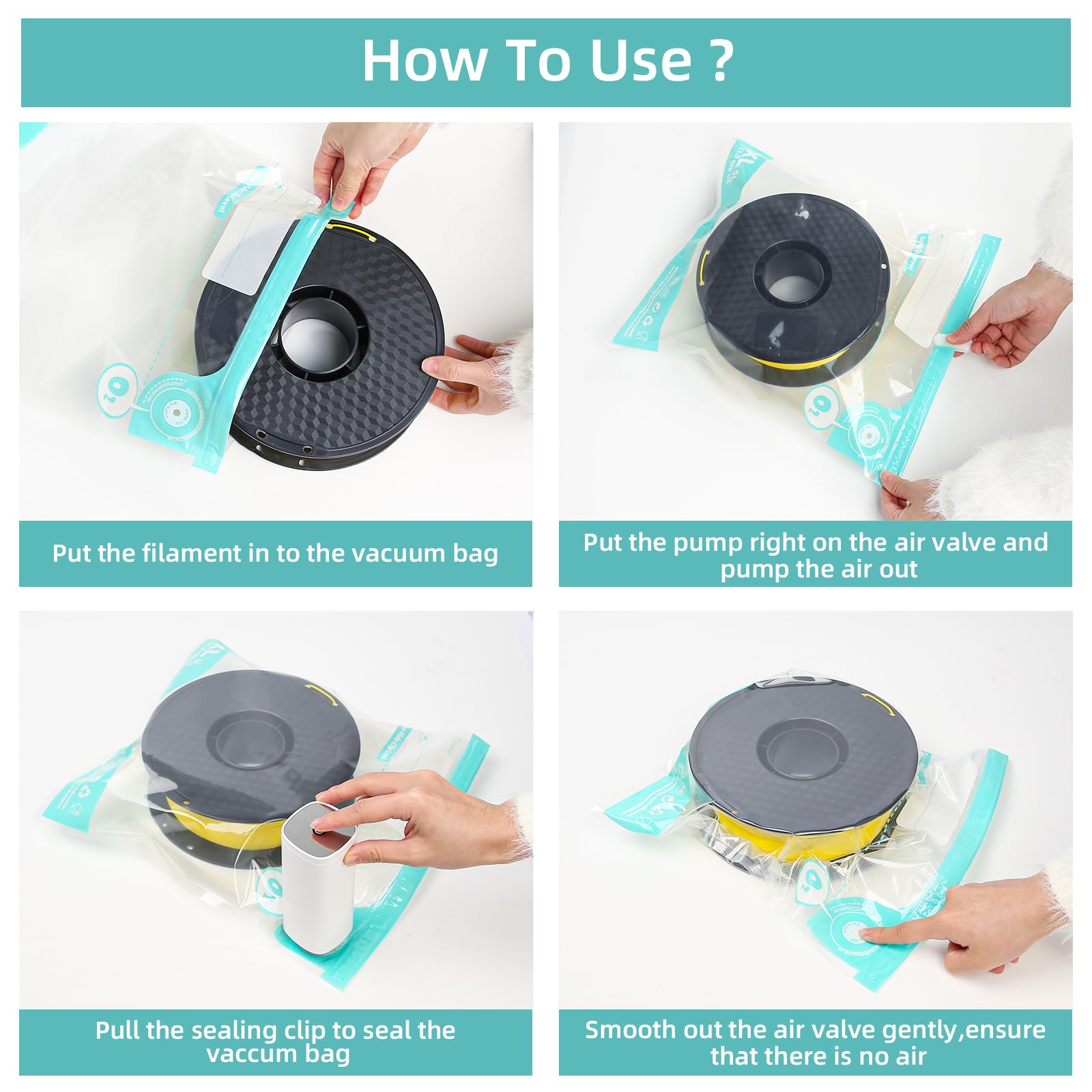 Premium 3D Printer Filament Storage Bags Vacuum Kit - 10 Thickened Vacuum-Sealed Bags with Automatic Pump & 4 Clips (11.8x13.4in) for 1kg Spool - Keep Filament Dry & Fresh - Ideal for PLA, ABS, PETG Filament Storage & Workshop Organization