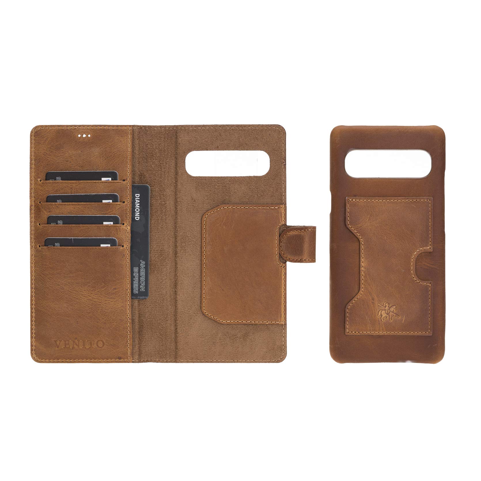 Venito Florence Genuine Leather Wallet Phone Case for Samsung Galaxy S10 5G - RFID Blocking for Security - Detachable Card Holder - Antique Brown - Perfect for Travel, Business & Everyday Use