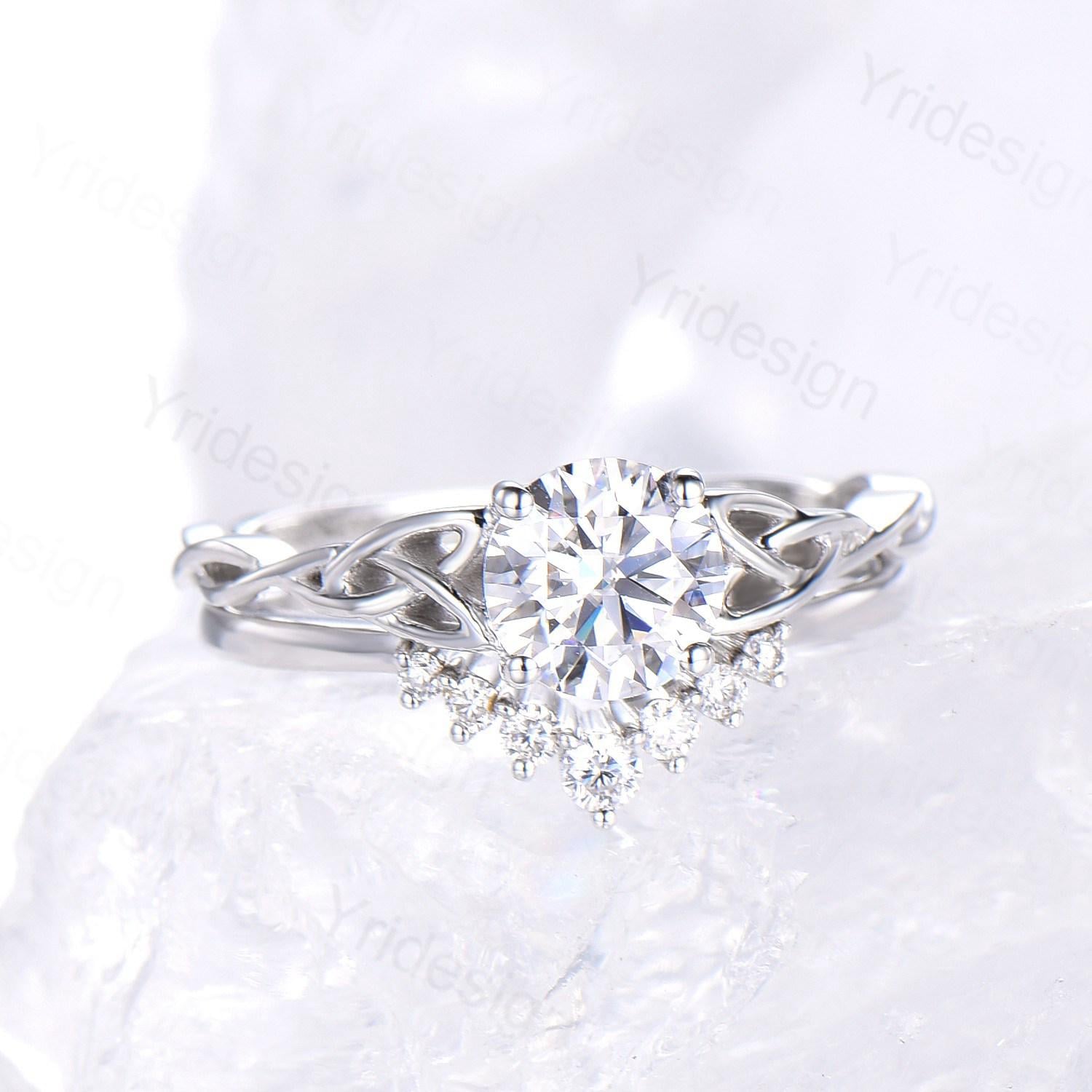 Celtic Love Moissanite Bridal Ring Set - 14K White Gold Elegant Twisted Norse Viking Wedding Band - Lab Grown Diamond Engagement Ring for Women - Handmade Jewelry Gift for Anniversary, Proposal & Special Occasions