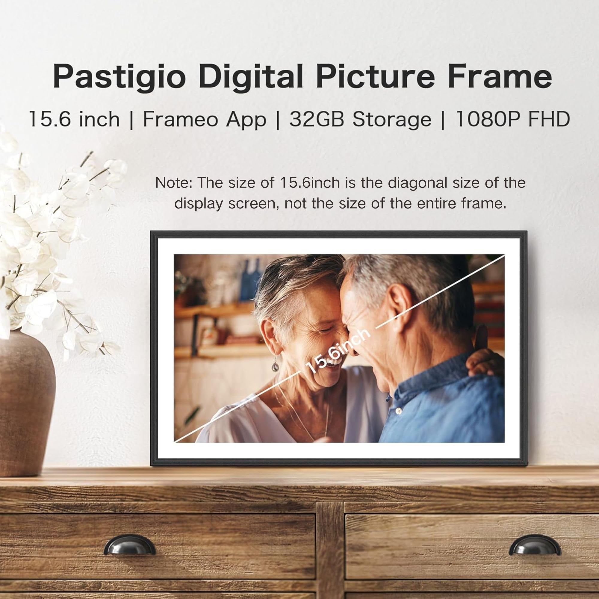 15.6 Inch WiFi Digital Picture Frame - 32GB Storage, 1920x1080 IPS HD Touch Screen, Wall Mount & Tabletop Display - Share Photos & Videos Instantly - Perfect Gift for Mom, Birthday & Wedding Decor - Home & Office Digital Photo Display