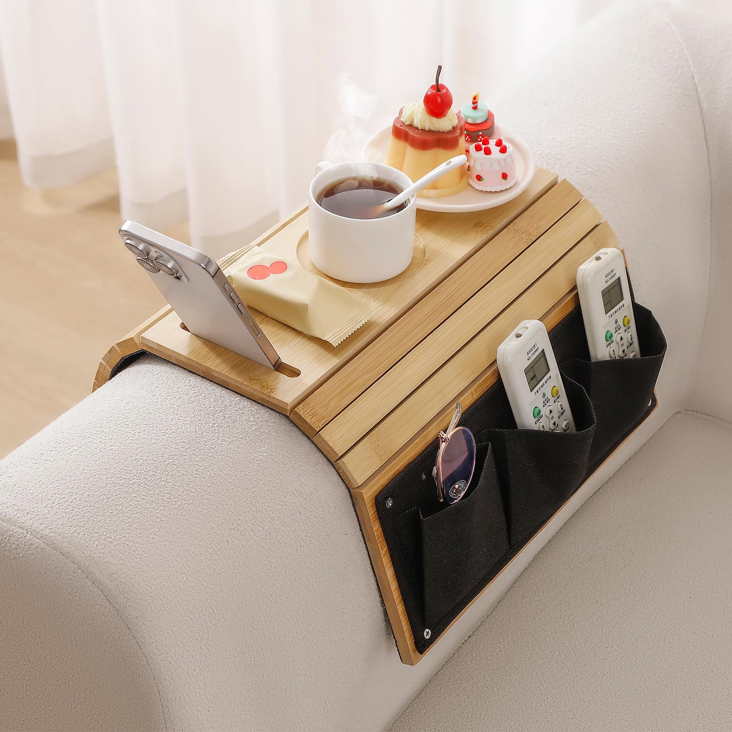 Foldable Sofa Armrest Tray with Cup Holder & Phone Stand - 3 Side Storage Pockets & Non-Slip Design - Compact Couch Tray for Drinks, Snacks, TV Remotes - Perfect for Living Room, Bedroom, Office & Home Theater Use