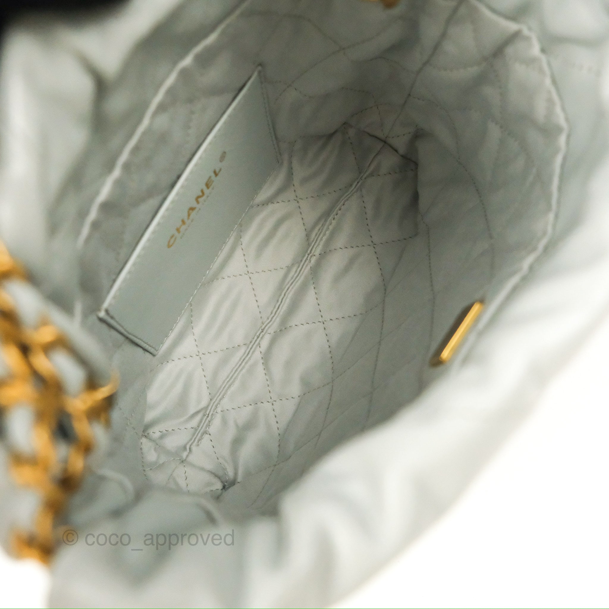 Chanel 22 Mini Bag Light Blue Grey Shiny Calfskin Leather Crossbody Purse for Women | Luxury Designer Handbag for Date Night & Party Outfits