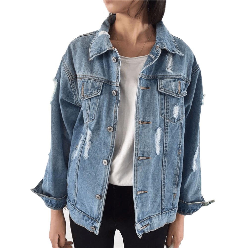 Women's Oversized Distressed Denim Jacket - Long Sleeve Boyfriend Style Loose Fit Jean Coat | Perfect for Casual Outfits, Streetwear & Layering in Fall/Winter