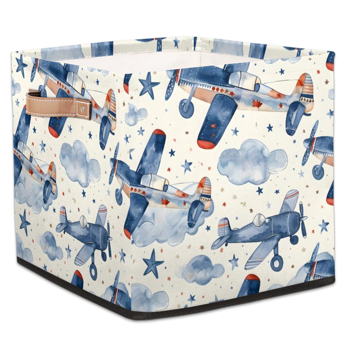 13 Inch Collapsible Airplane-Themed Fabric Storage Cube Bin - Foldable Organizer Basket for Shelves, Closet & Home Organization | Perfect for Kids' Room, Nursery & Toy Storage