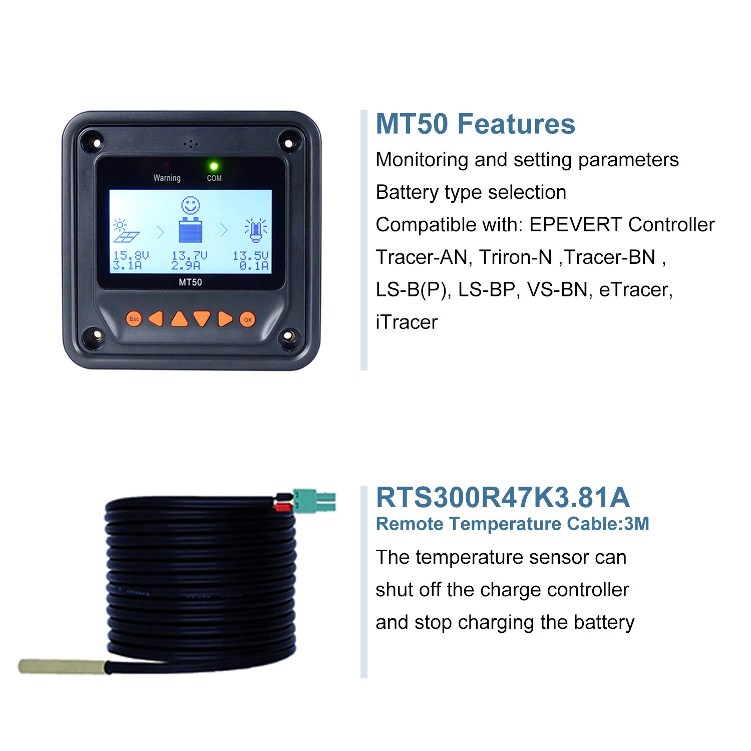 EPEVER 40A MPPT Solar Charge Controller - 12V/24V Auto, 100V Max Input for 520W/1040W Solar Panels - Compatible with Gel, Sealed, Flooded, AGM & Lithium Batteries - Negative Grounded (40A+MT50+RTS) - Perfect for Off-Grid Solar Systems, RVs, Boats & Home Energy Storage