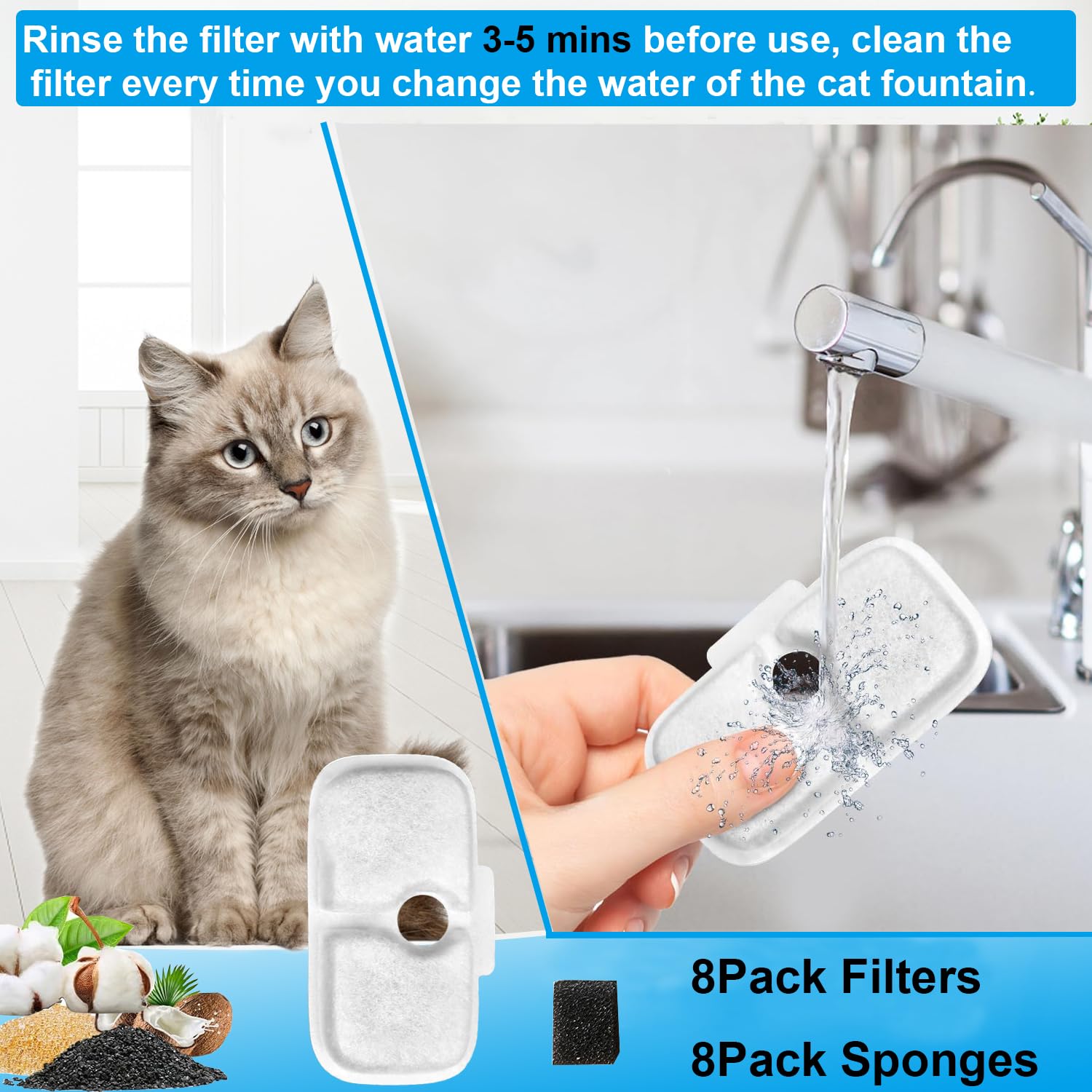 8 Pack Cat Water Fountain Filter Replacement - Compatible with PETLIBRO 2.5L/84oz PLWF005 & PLWF115 Cat Water Dispenser - Includes 8 Pre-Filter Sponges - Keep Your Pet Hydrated with Clean Water at Home or Office