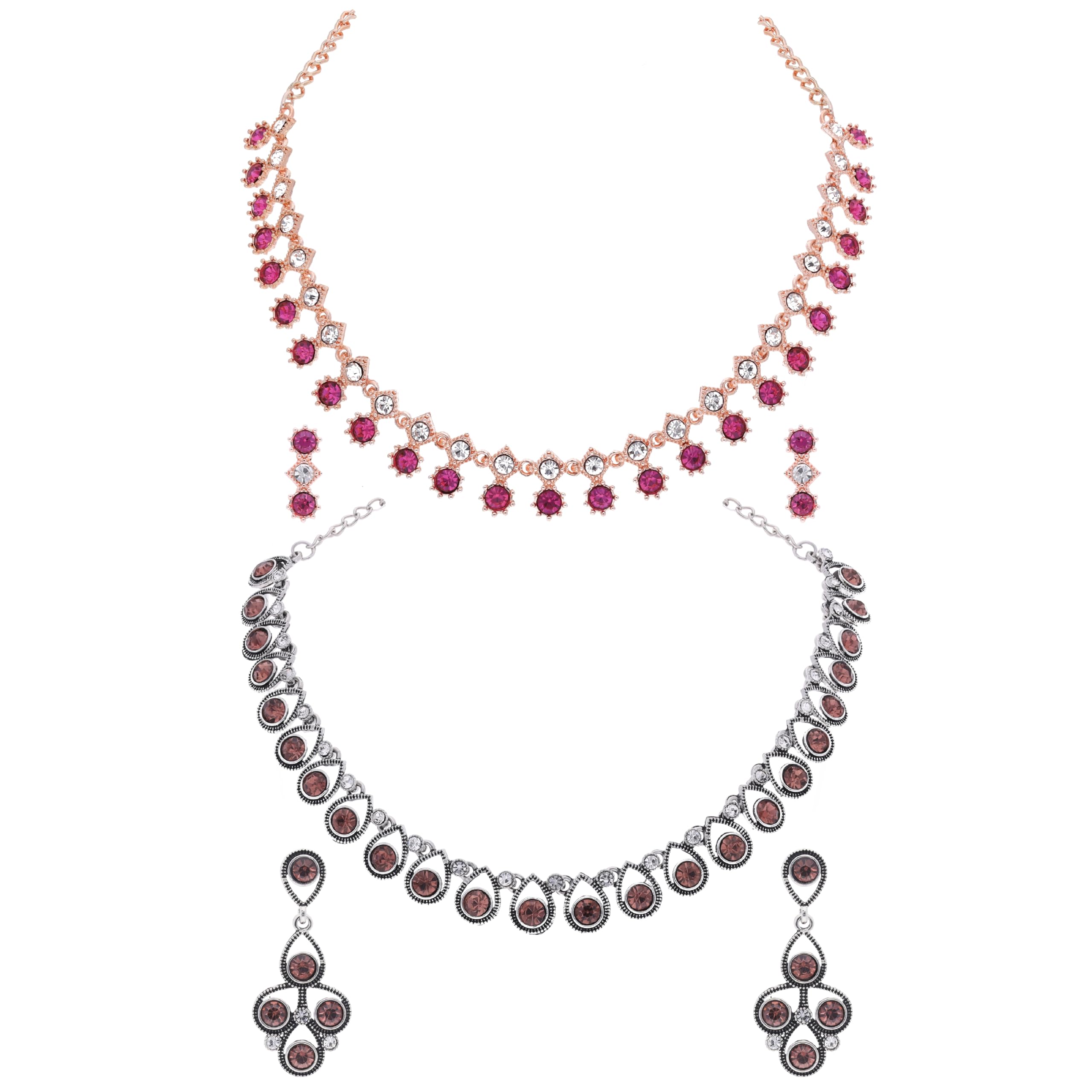 Brado 2-Piece Oxidized Silver & Rose Gold Plated American Diamond Necklace & Earrings Set for Women & Girls | Elegant Choker Jewelry for Parties, Weddings & Gifts