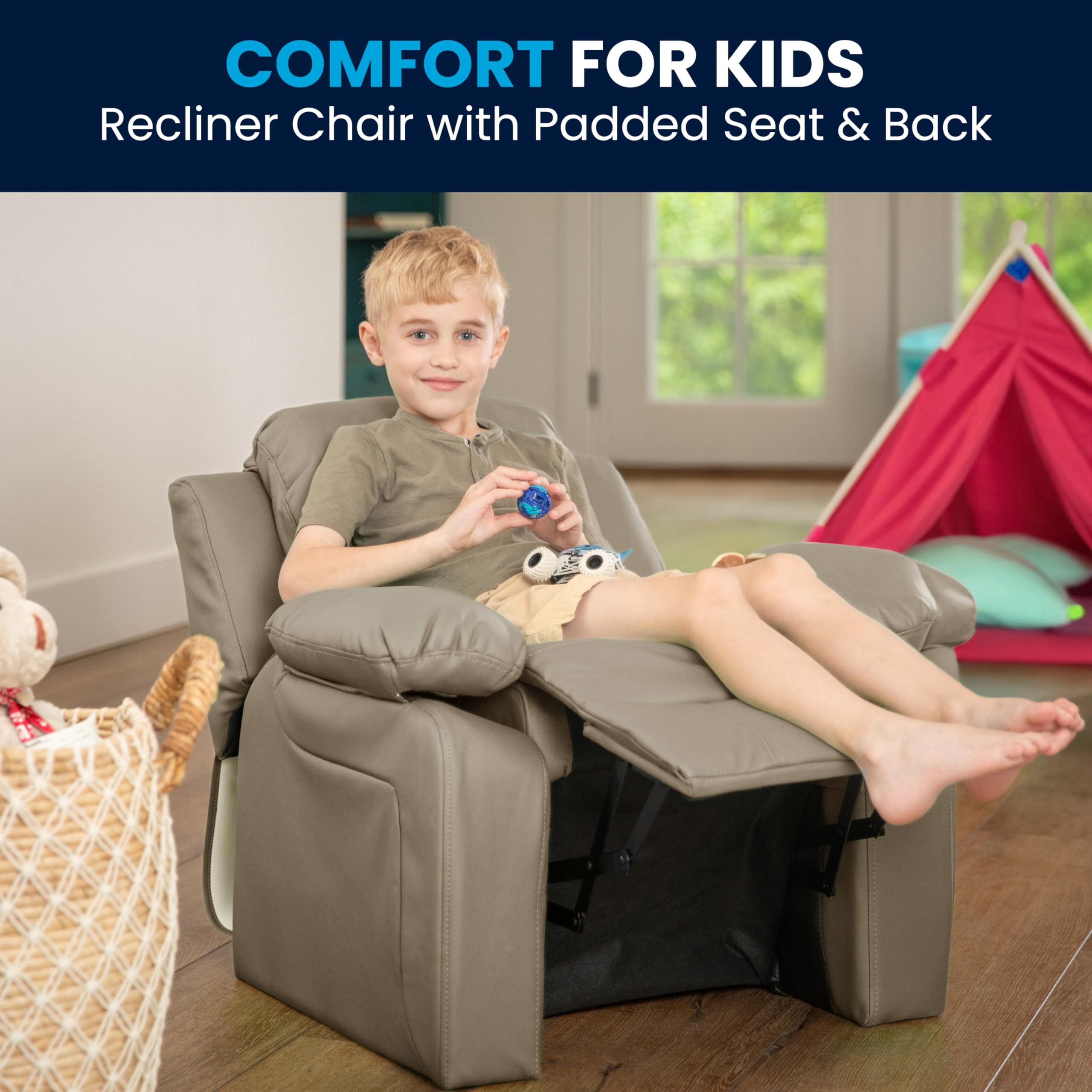 Flash Furniture Charlie Vinyl Kids Recliner with Flip-Up Storage Arms & Safety Recline - Contemporary Reclining Chair for Children (Supports 90 lbs, Beige) - Perfect for Playrooms, Bedrooms & Movie Nights