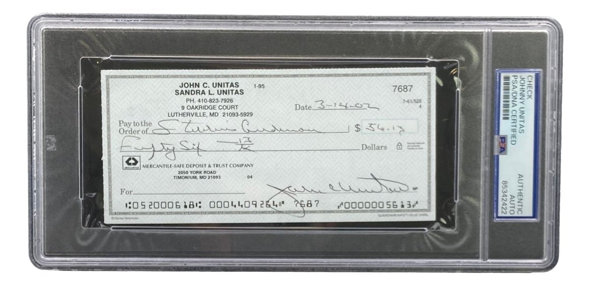 Johnny Unitas Baltimore Colts Autographed Signed Bank Check #7687 PSA Certified - Rare Football Memorabilia for Collectors & Sports Fans Display