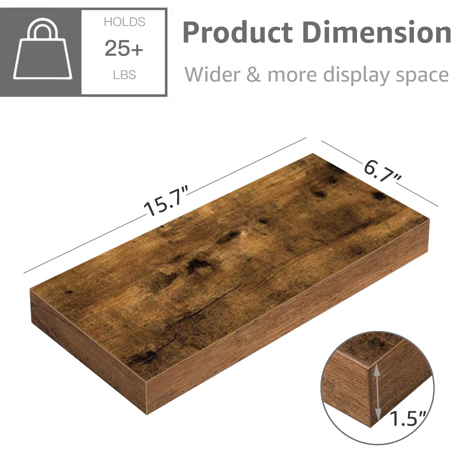 QEEIG 16 Inch Floating Shelf Set of 1 - Rustic Brown Wall Mounted Shelf for Bathroom, Bedroom, Kitchen & Living Room - Farmhouse Style Small Book Shelf (015-BN1) | Perfect for Organizing Books, Decor & Essentials in Small Spaces