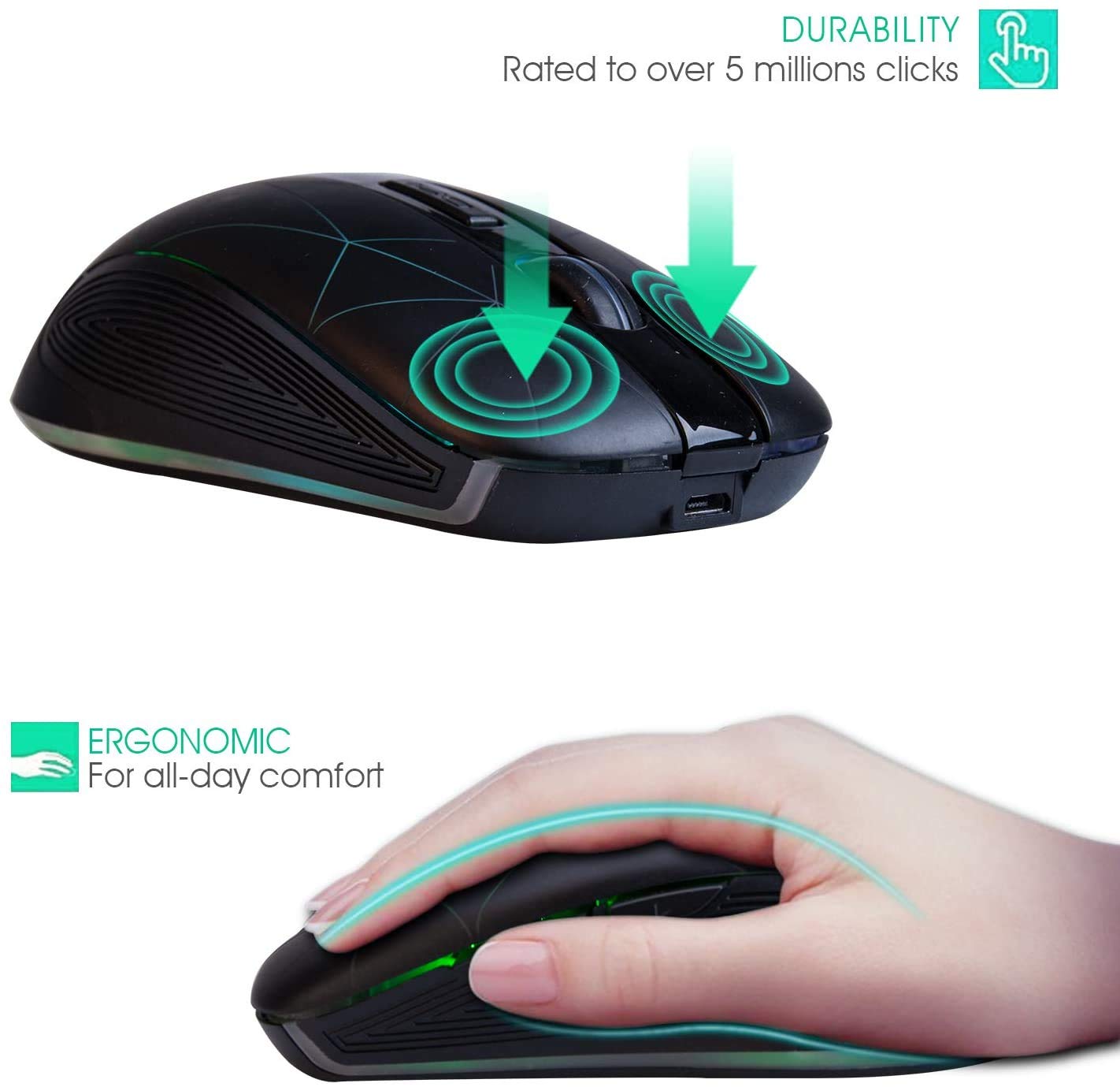 Rii RM200 Wireless RGB Rechargeable Mouse - 6 Buttons, 3 Adjustable DPI Speeds, USB Nano Receiver for PC Laptop MacBook - Perfect for Gaming, Office Work & Home Use