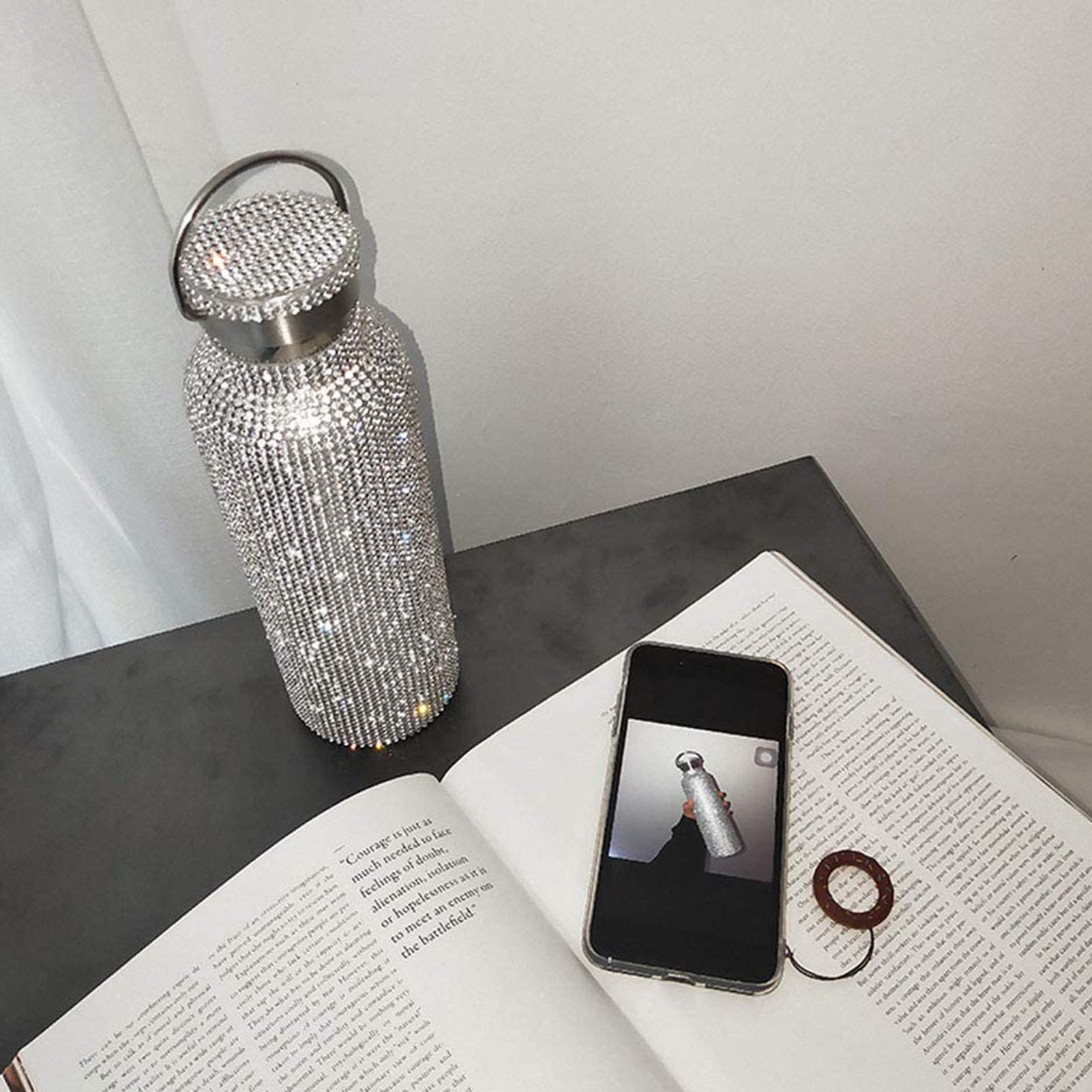 Stylish Rhinestone Insulated Stainless Steel Water Bottle 500ml - Double Walled Vacuum Flask with Lid - Golden Diamond Design for Women & Girls - Perfect for Gym, Office, Travel & Outdoor Activities