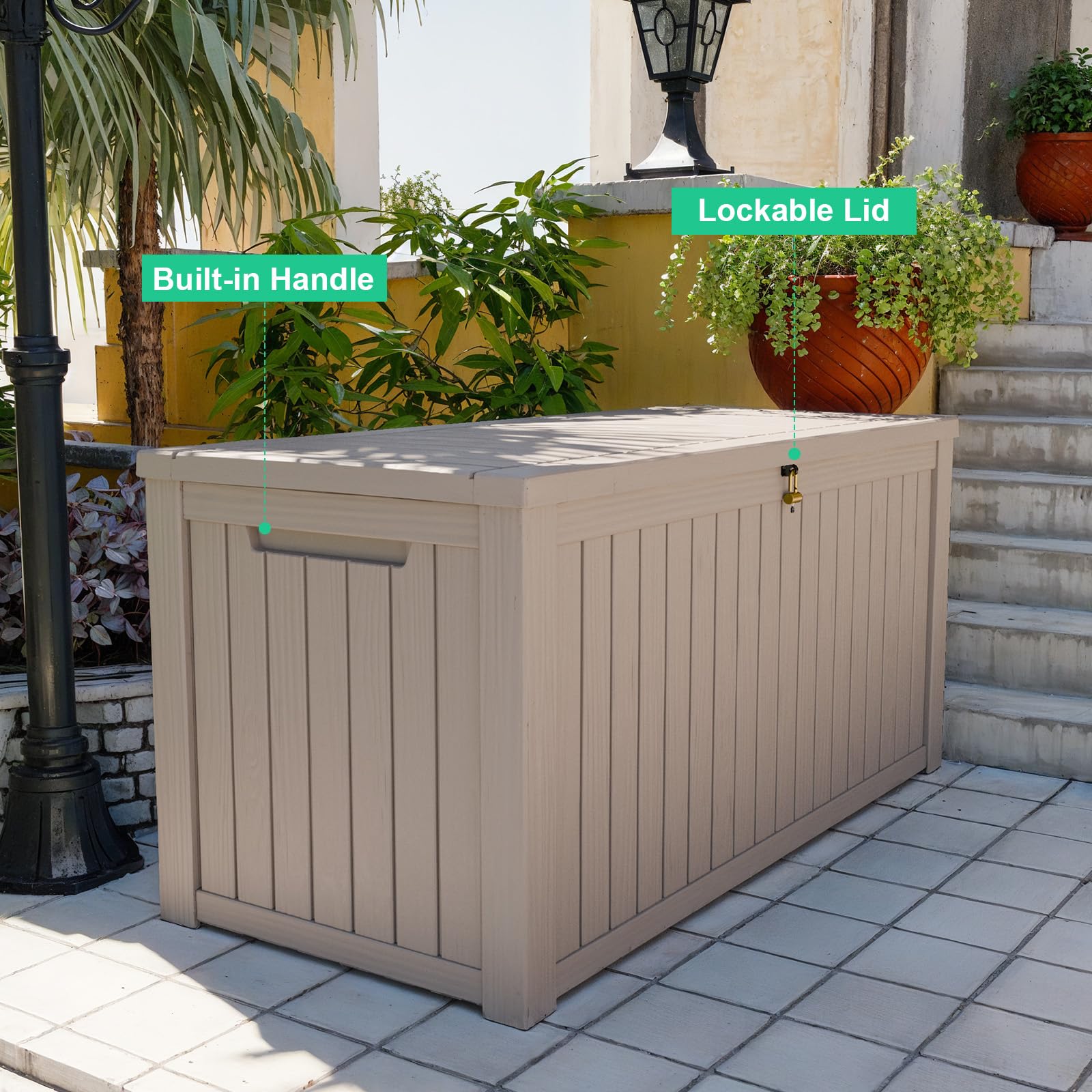 ROJIK 180 Gallon Outdoor Storage Deck Box - Waterproof Patio Furniture Cover, Garden Tool Organizer, Pool Accessories & Cushion Storage Bench with Lockable Lid & Side Handles (Cappuccino) - Perfect for Backyard, Garden, Poolside & Deck Organization