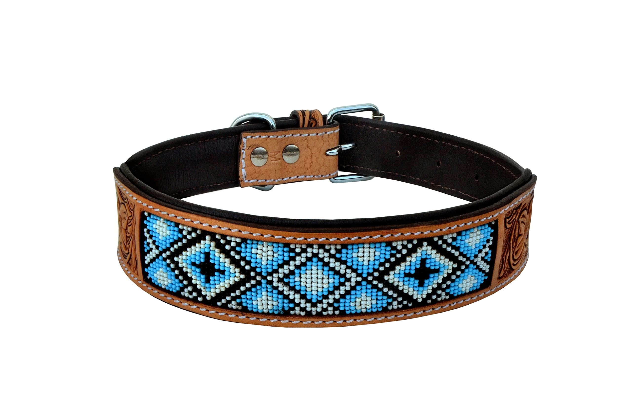 Western Style Leather Dog Collar - Heavy Duty Hand-Tooled Adjustable Beaded Padded Soft Collar for Puppies & Large Dogs (10AB020) - Perfect for Training, Walks & Outdoor Adventures