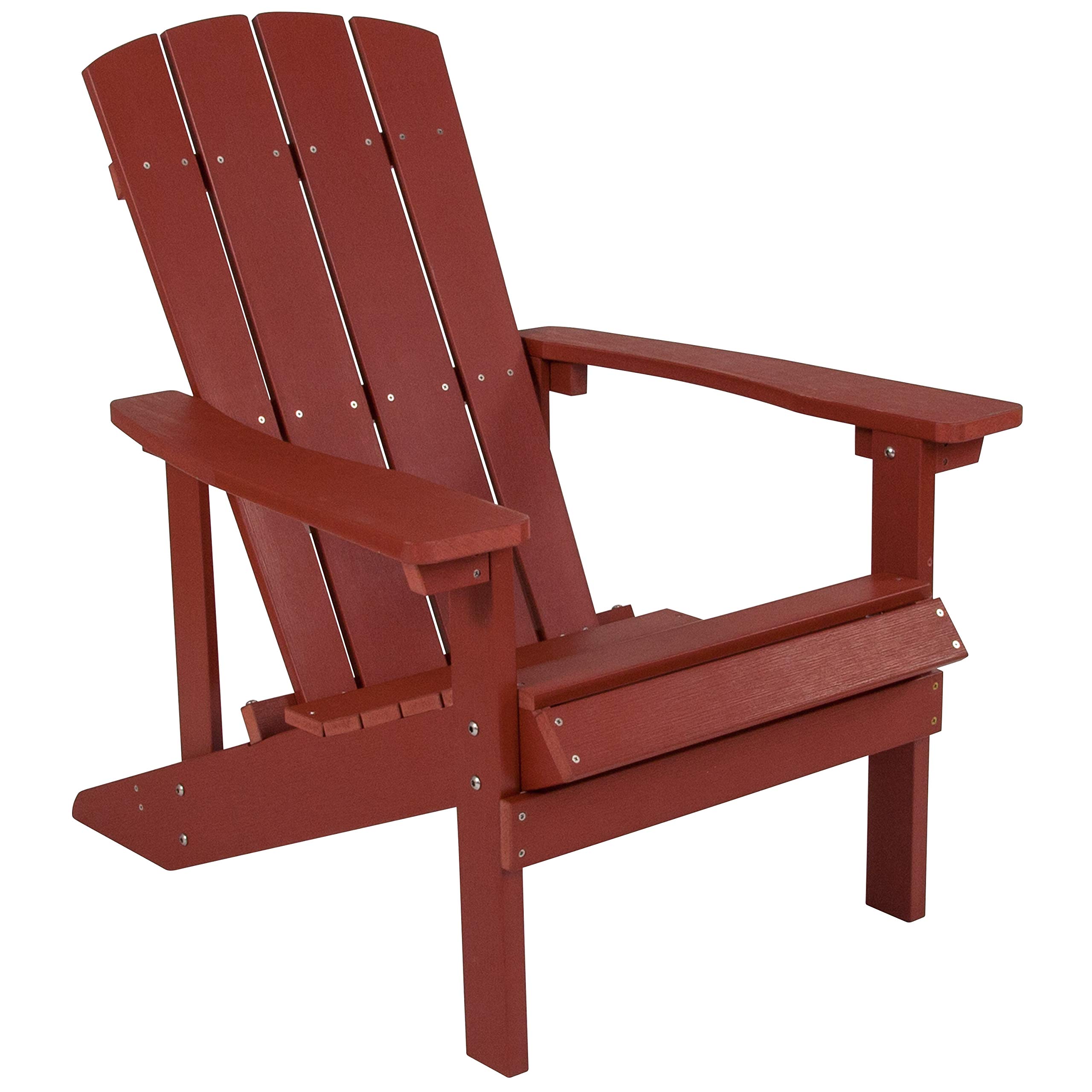**EMMA + OLIVER Campfire Set - 2 Red Poly Resin Adirondack Chairs & 29