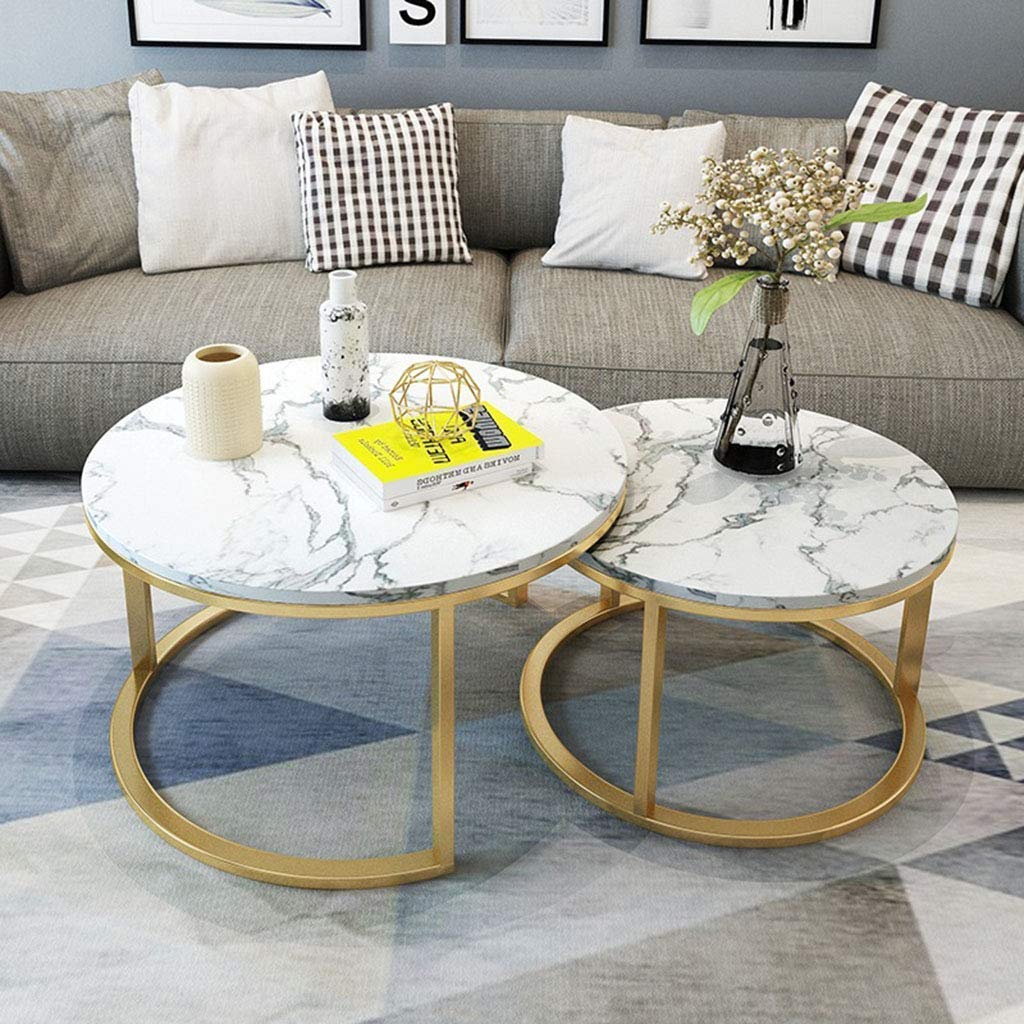 Modern Round Nesting Coffee Tables - Set of 2 Marble Top End/Side Tables for Living Room, Lounge & Home Office | Stylish Sofa Console & Cocktail Tables for Contemporary Home Décor