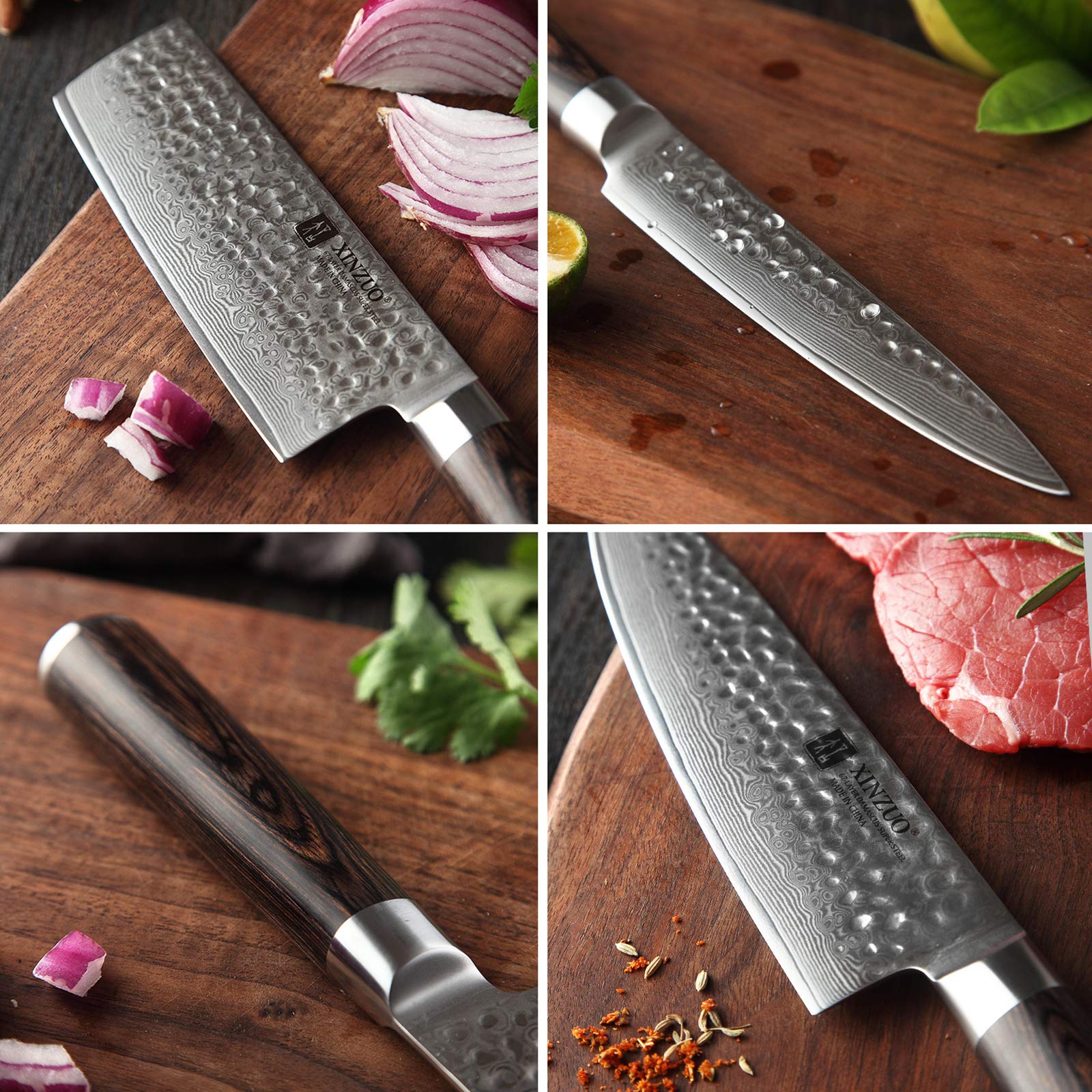 Premium 7-Piece Damascus Steel Knife Set with Wooden Block - Professional Chef Knives for Home Cooking & Culinary Gifts - Pakkawood Handle Knife Set - Perfect for Kitchen Prep, Meat Cutting & Vegetable Chopping
