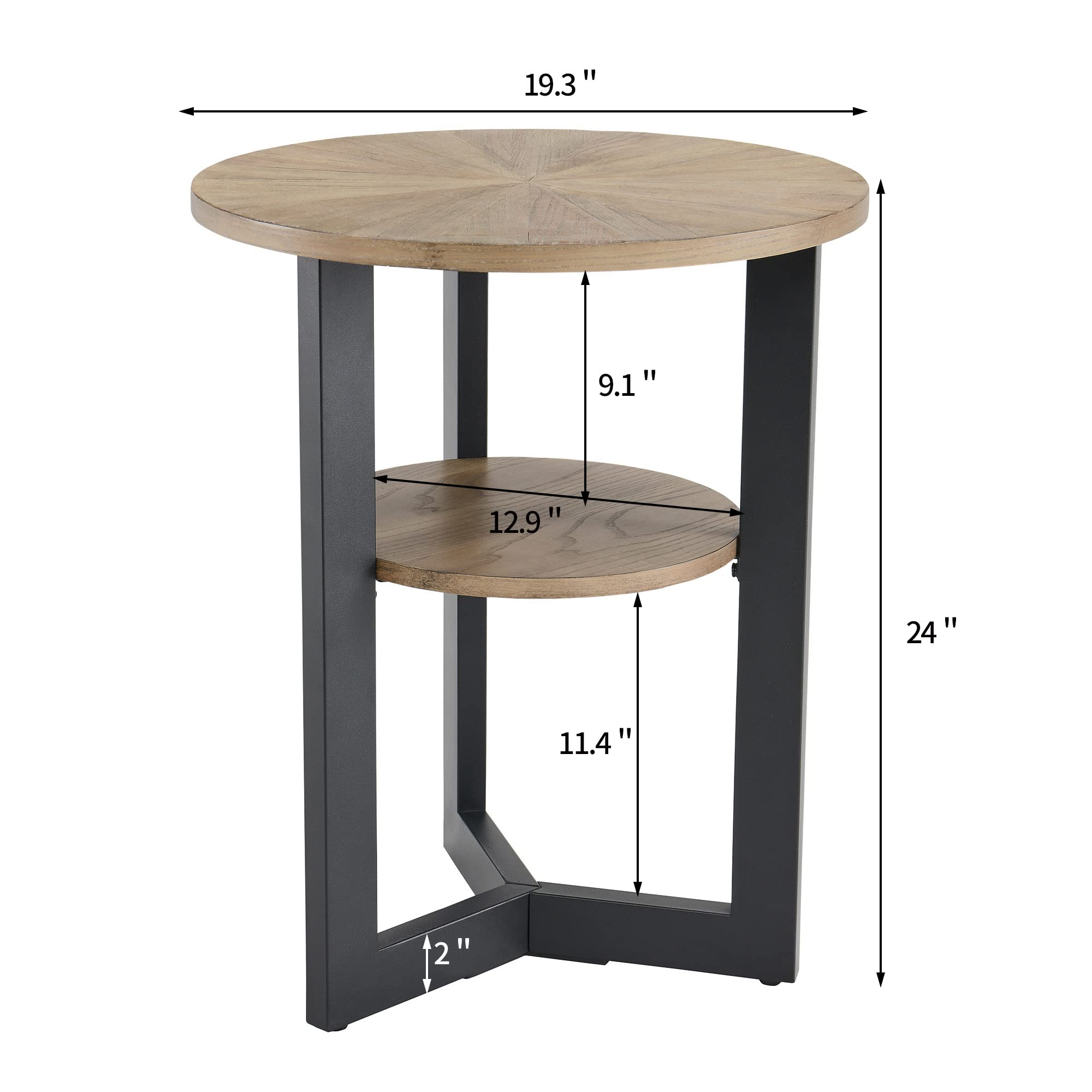LEEMTORIG 2-Tier Round Side Table with Metal Legs - Modern Nightstand & Couch Table for Living Room, Bedroom, Office - Rustic Natural/Black Finish - 19.3