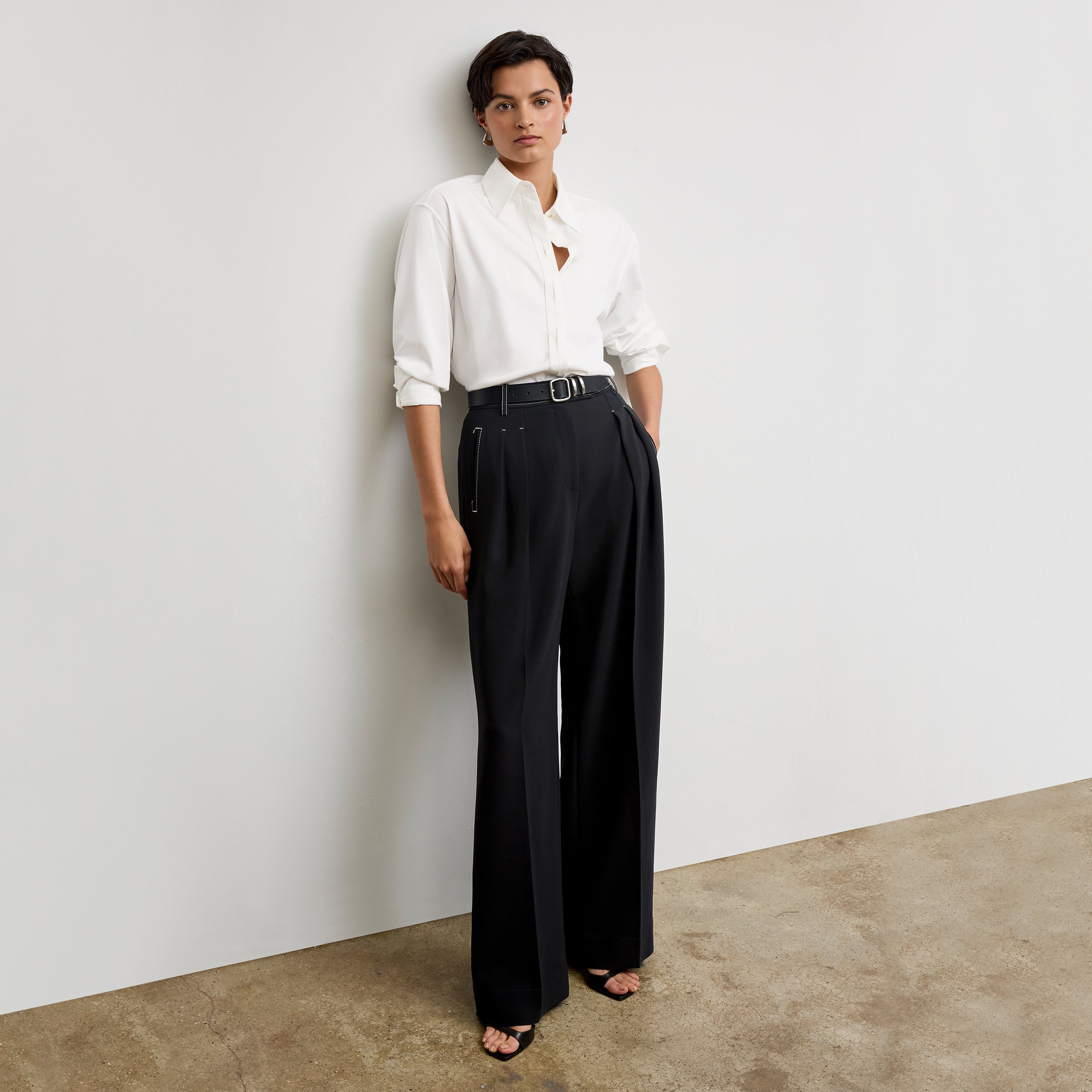 Bia Pleated Trousers for Women - High Waist Everyday Crepe Pants with Topstitch Detail - Comfortable Office Work Pants - Black - Perfect for Business Casual & Professional Wear