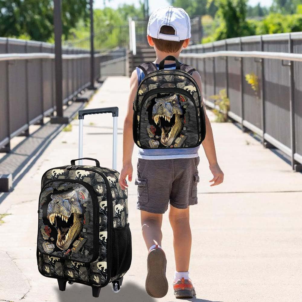 2Pcs Boys Suitcase Set with Wheels - Kids Rolling Carry-On Luggage & Dinosaur Travel Backpack for Toddlers (Black) | Perfect for Air Travel, Road Trips & School Adventures