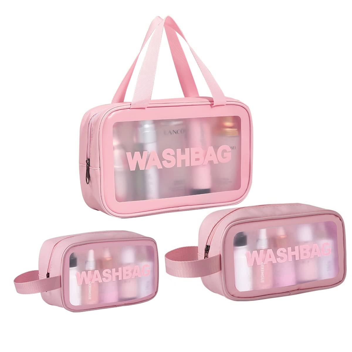 MAYCREATE® 3-Piece Clear Makeup Bag Set - Waterproof Cosmetic Organizer for Women & Girls | Travel Toiletry Storage Pouch | Perfect for Home, Gym, and Vacation (Pink)
