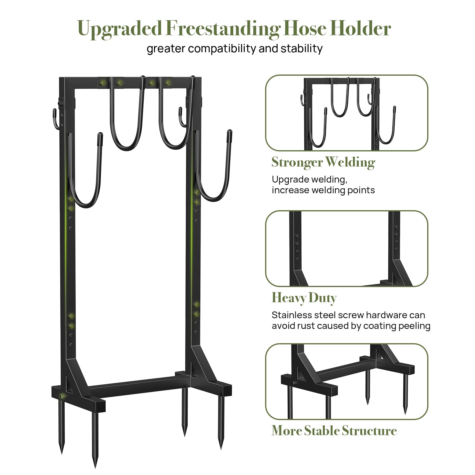 Heavy Duty Freestanding Garden Hose Holder with 4 Spikes & 6 Hooks - Outdoor Metal Water Hose Storage Stand Hanger for Yard, Lawn, and Garden (Black) | Perfect for Organizing Garden Hoses, Sprinklers, and Watering Tools