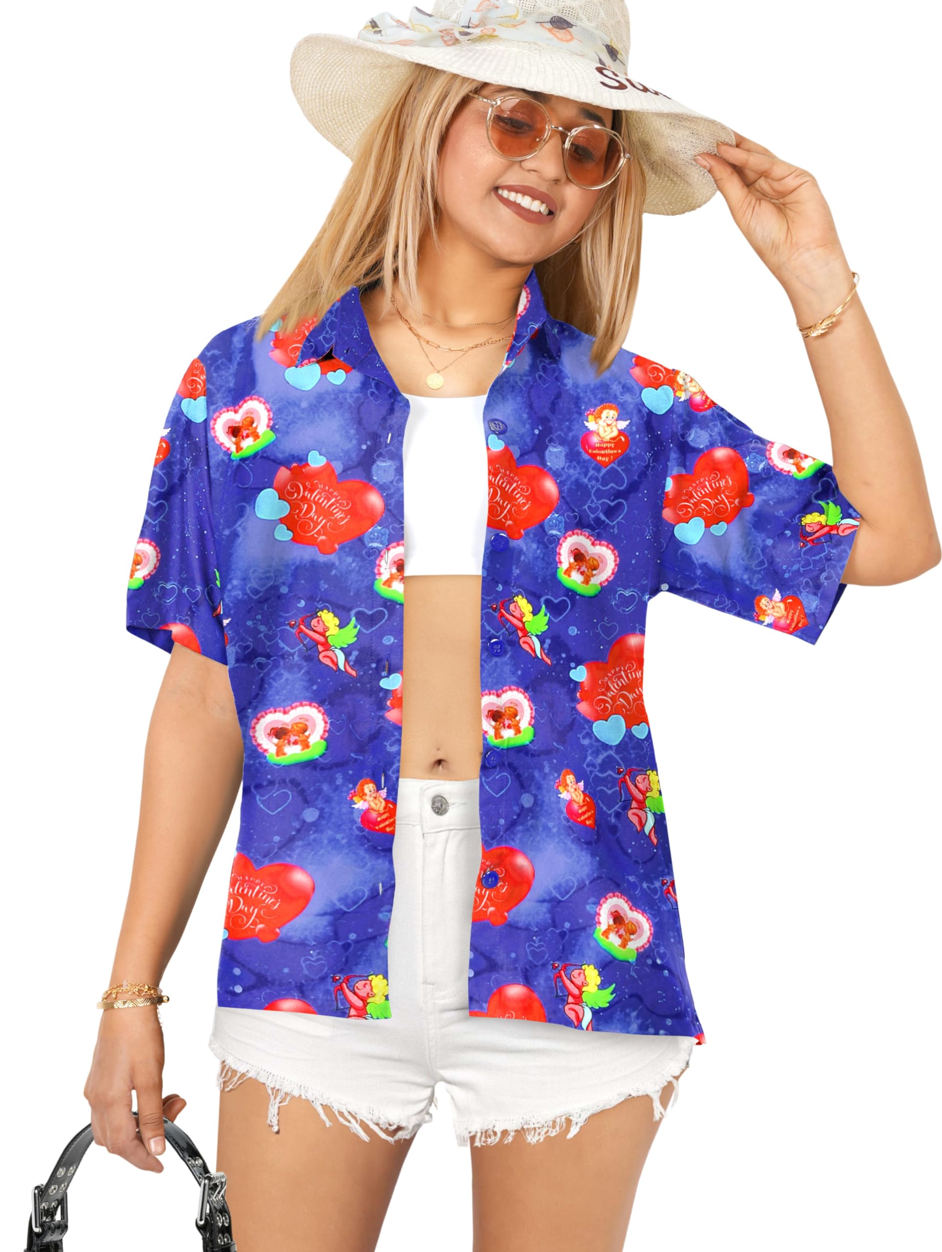 LA LEELA Women's Hawaiian Short Sleeve Shirt - Floral Print Vacation Blouse for Beach, Summer & Casual Wear