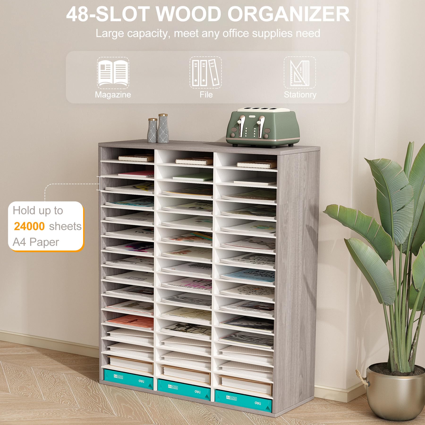 TQVAI Wooden Literature Organizer - 48 Slots Adjustable File & Mail Sorter, Paper Storage Organizer for Office, Classroom, Home - Retro Grey/White - Perfect for Mail Sorting, Document Filing & Desk Organization