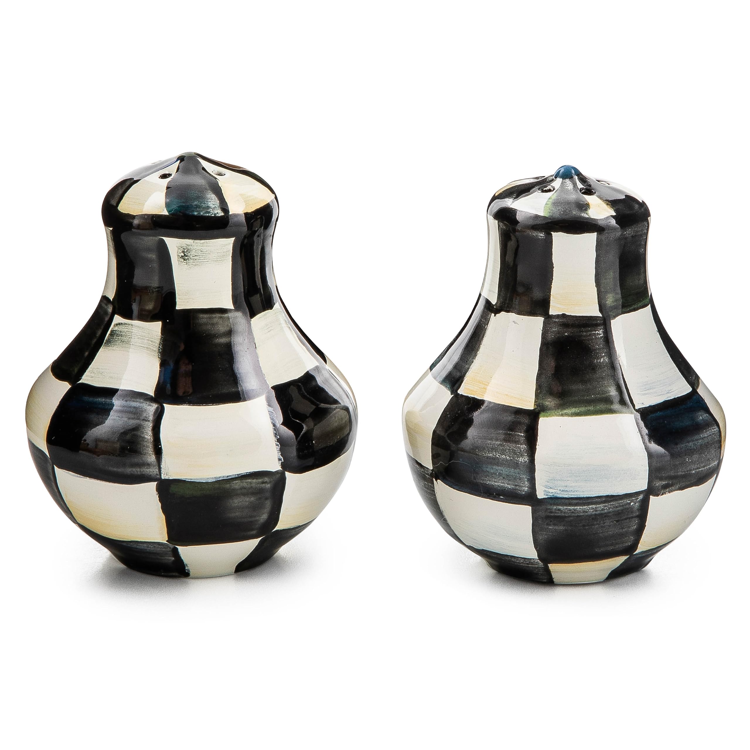 MACKENZIE-CHILDS Enamel Salt and Pepper Shakers Set - Classic Black and White Courtly Check Design - Perfect for Kitchen, Dining Table & Spice Organization - Ideal for Home, Restaurant & Gift Giving