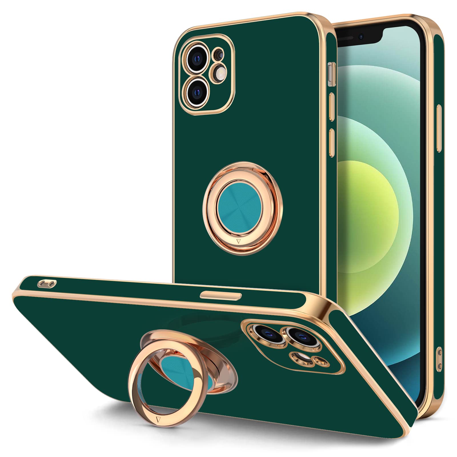 Hython Magnetic Ring Stand Phone Case for iPhone 12 - 360° Rotatable Kickstand, Shockproof Protection with Soft Microfiber Lining & Rose Gold Edge (Midnight Green) | Perfect for Hands-Free Viewing, Workouts, and Travel