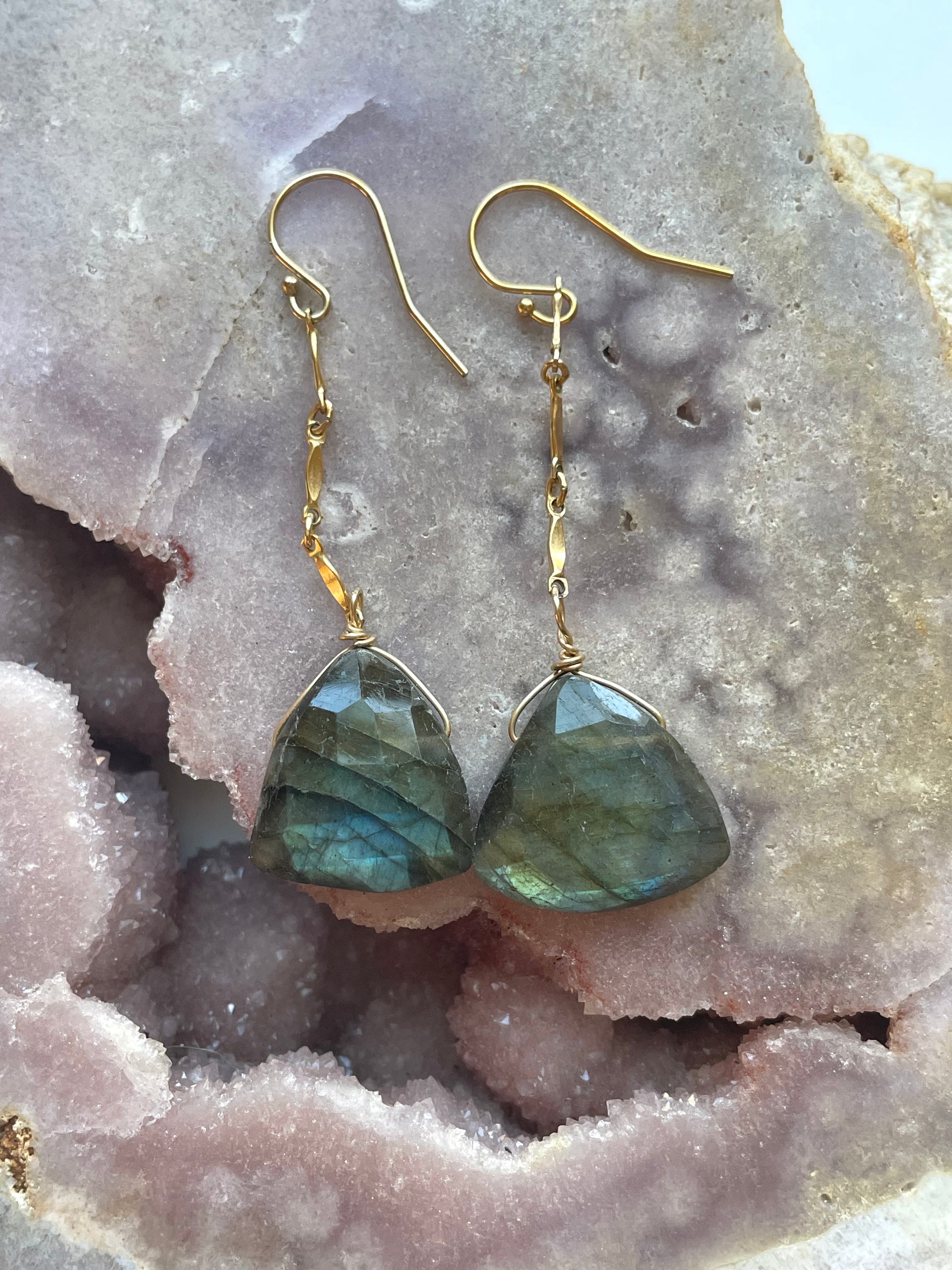 Gold Labradorite Dangle Drop Crystal Earrings for Women - Elegant Gemstone Jewelry for Party, Wedding & Everyday Wear