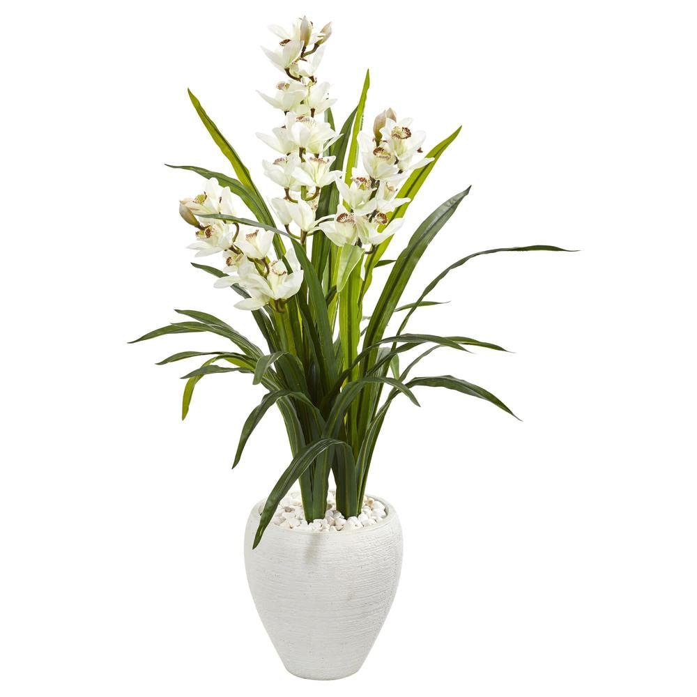 4 Inch White Cymbidium Orchid Artificial Plant in Pot - Perfect for Home Decor, Office, Wedding Centerpieces & Floral Arrangements