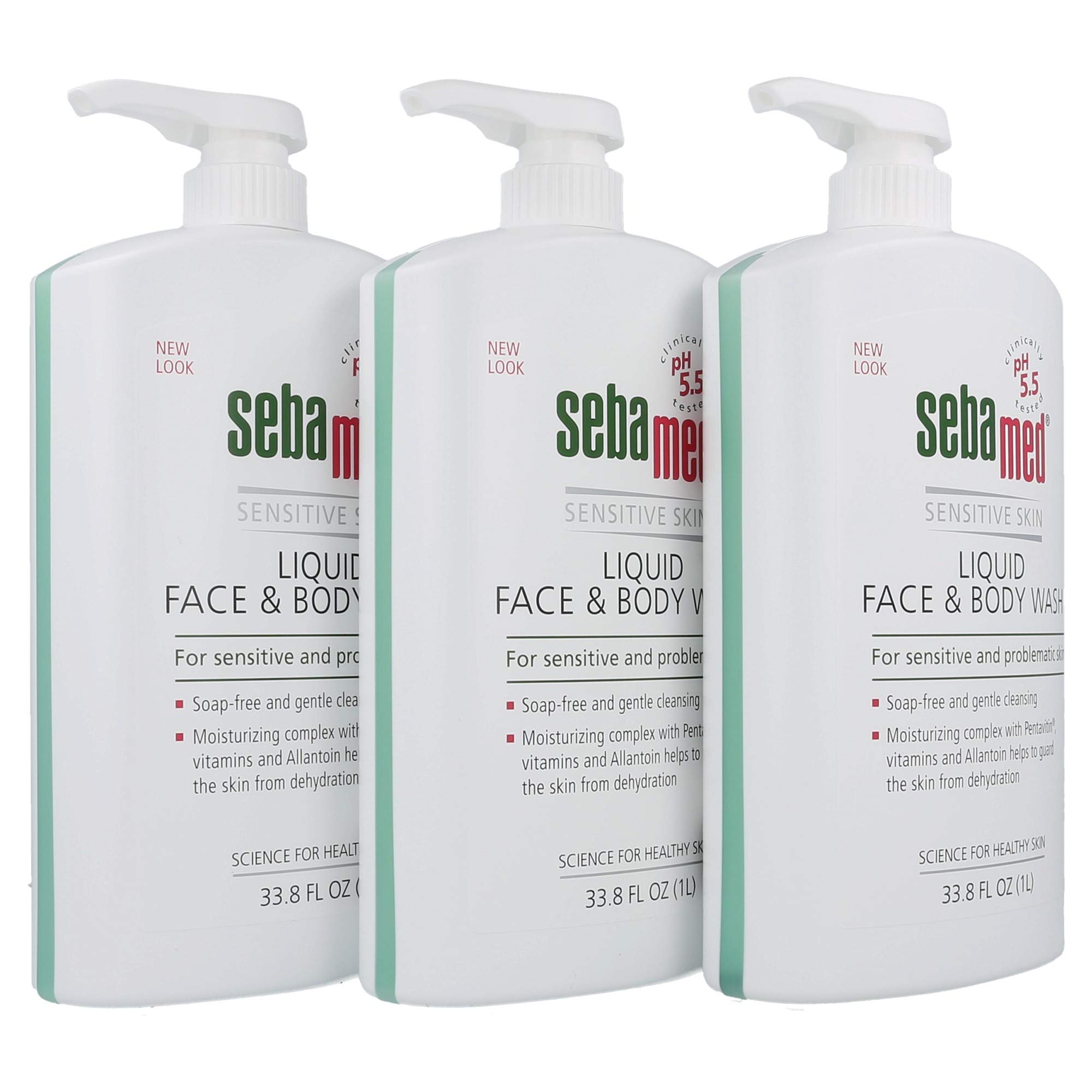 SEBAMED Liquid Face and Body Wash for Sensitive Skin - 1 Liter (33.8 Fl Oz) Pack of 3 | pH 5.5 Balanced Cleanser | Gentle Daily Shower & Bath Gel for Men & Women | Perfect for Dry, Acne-Prone & Irritated Skin