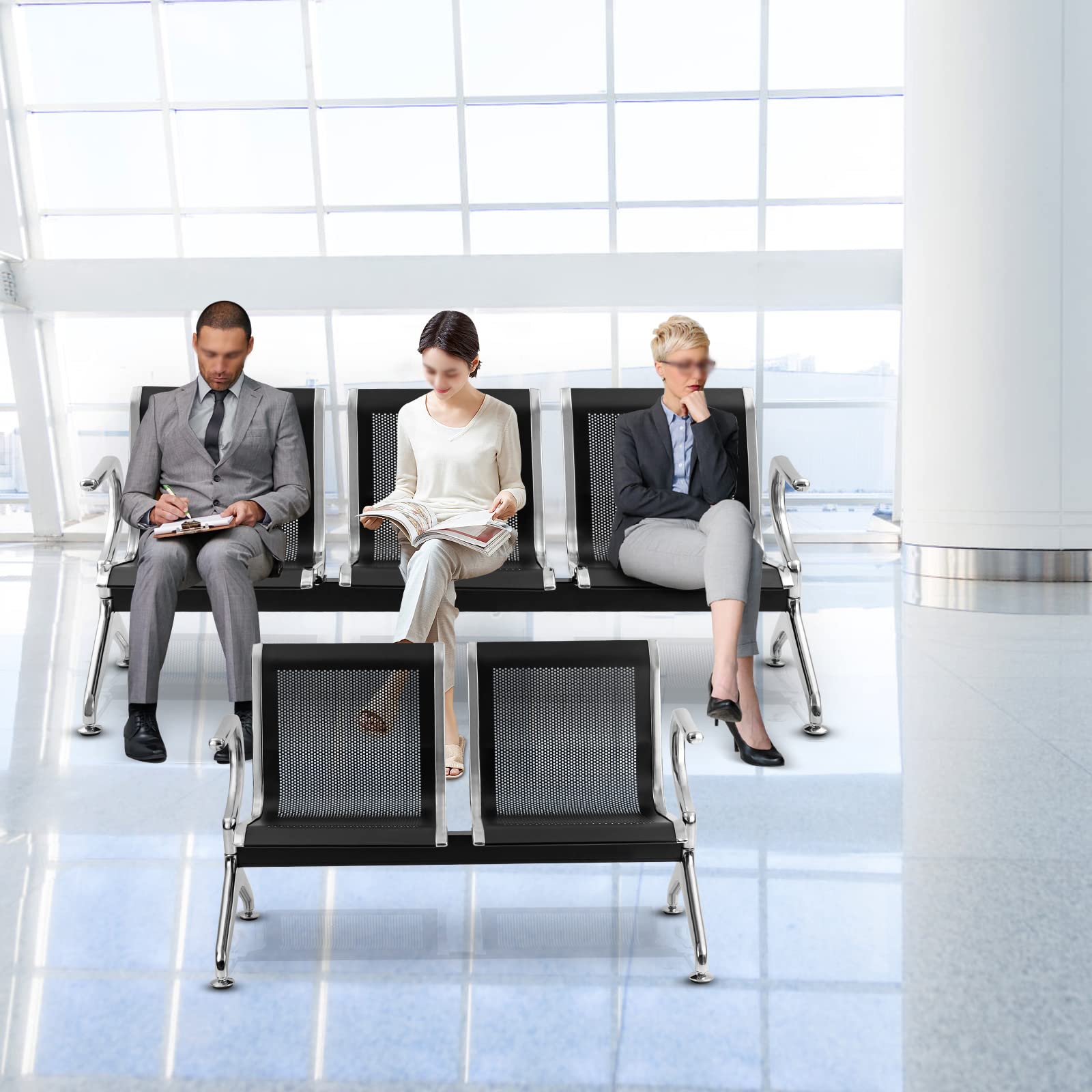 5-Seat Reception Chairs for Office & Airport Waiting Areas - Black