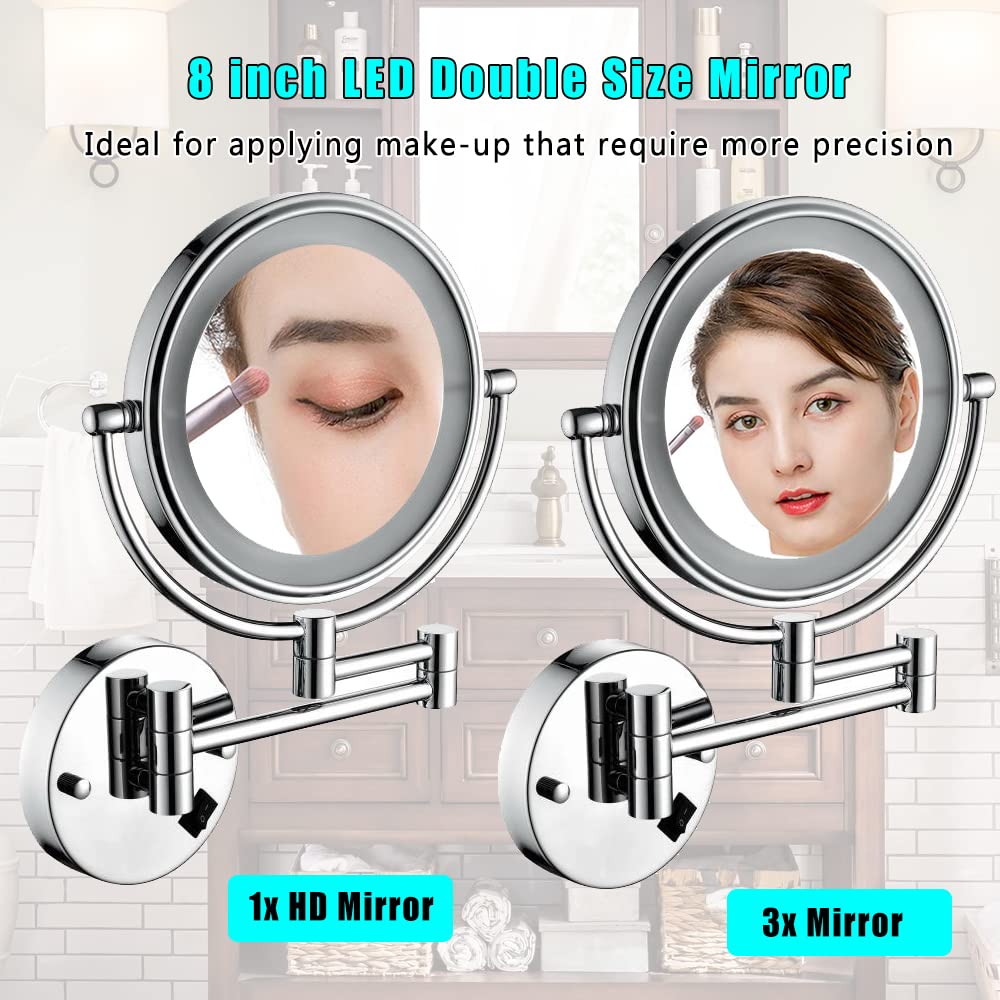 8 Inch LED Wall Mount Two-Sided Magnifying Makeup Vanity Mirror - 12 Inch Extension, 1X/3X Magnification, 360 Degree Rotation, Waterproof, Chrome Finish - Perfect for Shaving, Makeup Application, and Grooming in Bathroom or Dressing Room