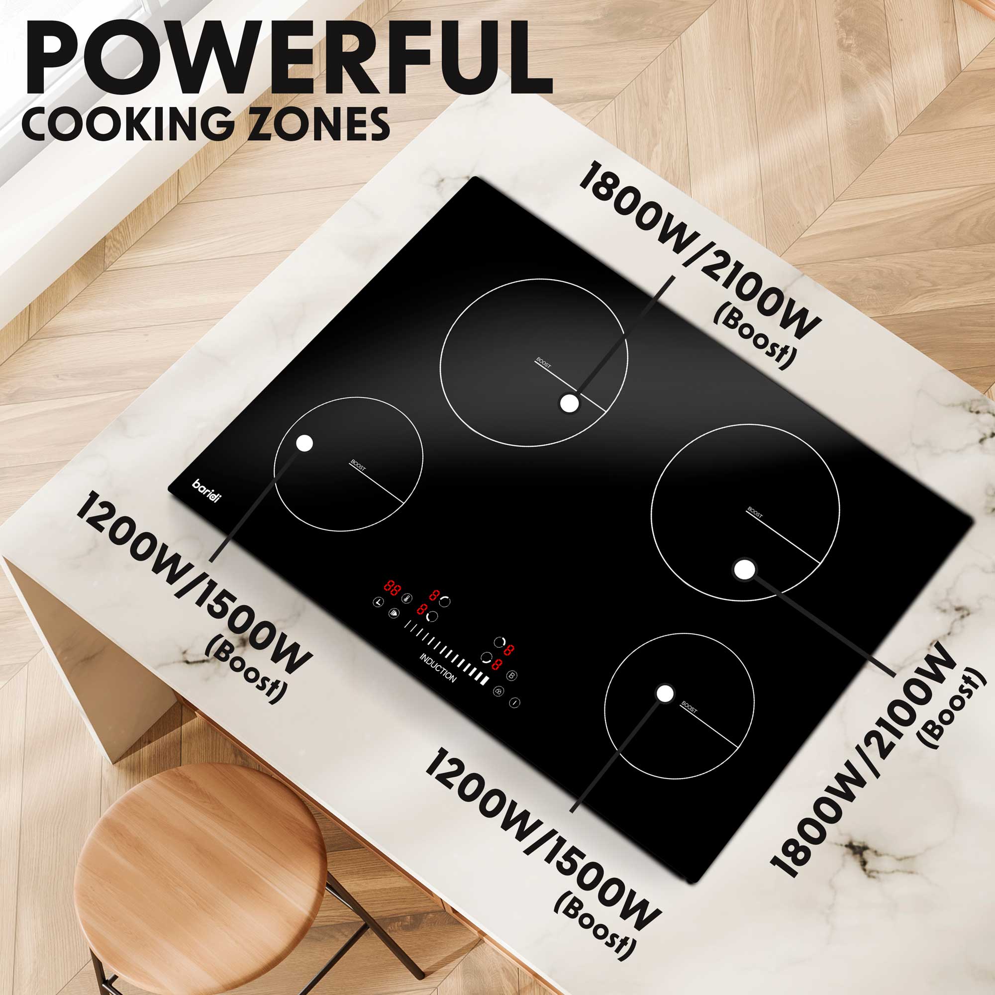Baridi 77cm Induction Cooktop with 4 Cooking Zones, 7200W Power, Boost Function & 9 Heat Settings - Touch Control for Fast, Precise Cooking - Perfect for Home Kitchens, Restaurants & Outdoor Catering