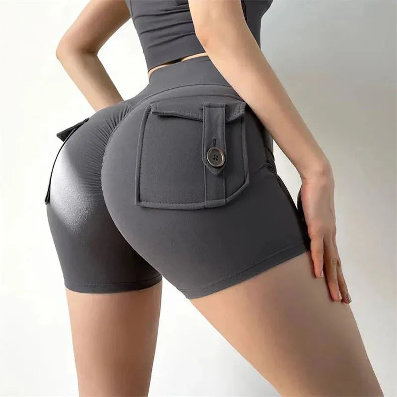Women's High Waisted Cargo Yoga Shorts - Scrunch Butt Booty Tight Workout Shorts with Button Pocket for Gym, Running & Fitness | Perfect for Yoga, Pilates & Outdoor Activities