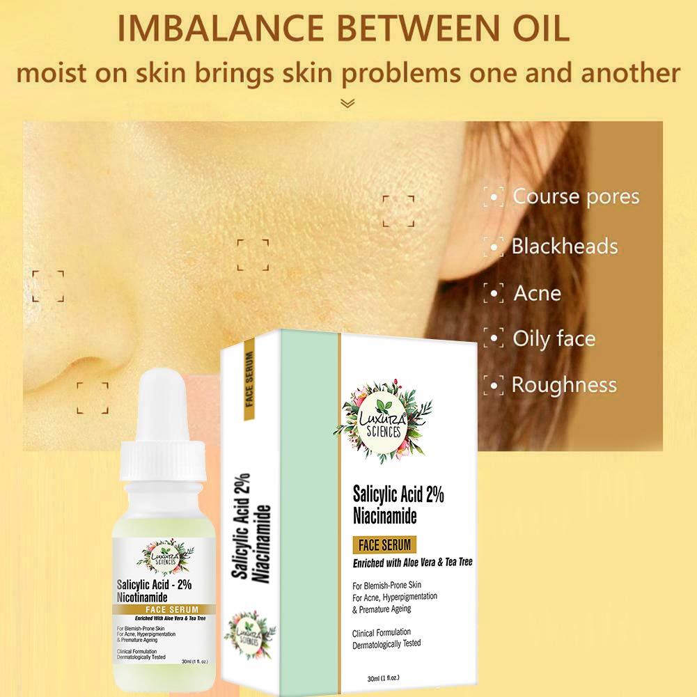 Luxura Sciences 2% Salicylic Acid & Niacinamide Face Serum 30ml - Gentle Exfoliant for Pore Minimizing, Oil Control & Acne Treatment | Improves Skin Elasticity, Reduces Wrinkles | Perfect for Daily Skincare Routine & Blemish-Prone Skin