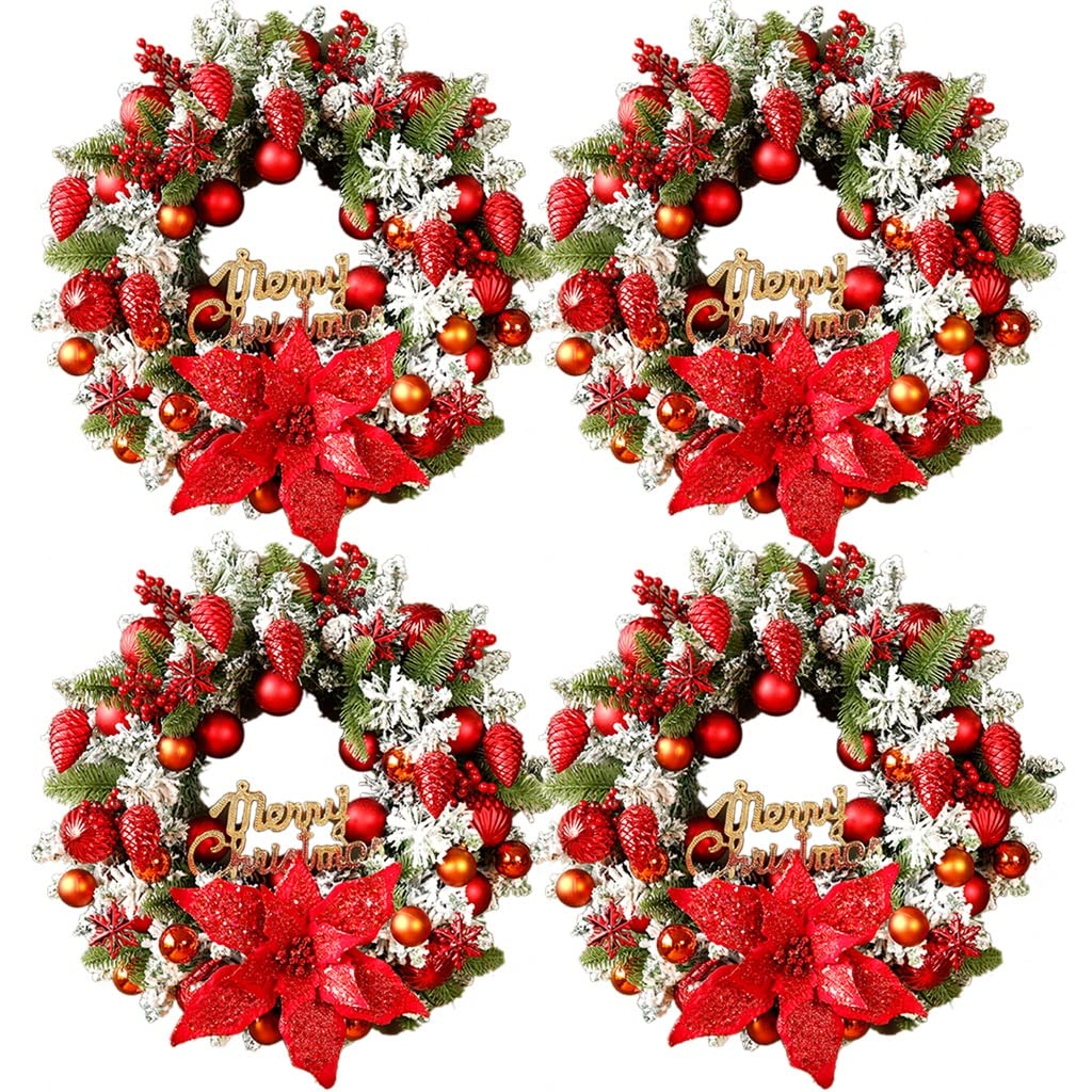 Artificial Christmas Wreath Garland - 50cm (19.7 in) Realistic Snowflakes & Red Berry Pine Cones Decor - Holiday Door & Wall Decorations for Home, Office & Festive Parties
