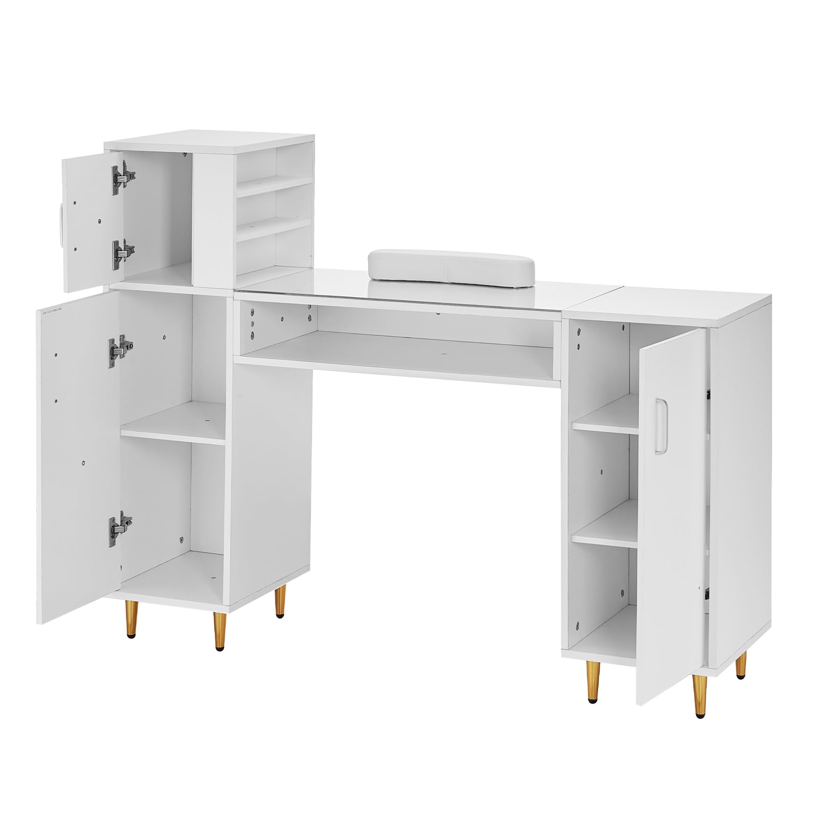 VEVOR Professional Manicure Table with Glass Top & Storage Cabinets - Acetone-Resistant Nail Tech Desk for Salon & Spa - Includes Wrist Rest & 8 Metal Legs (White) - Perfect for Nail Artists, Beauty Technicians & Home Salon Setup