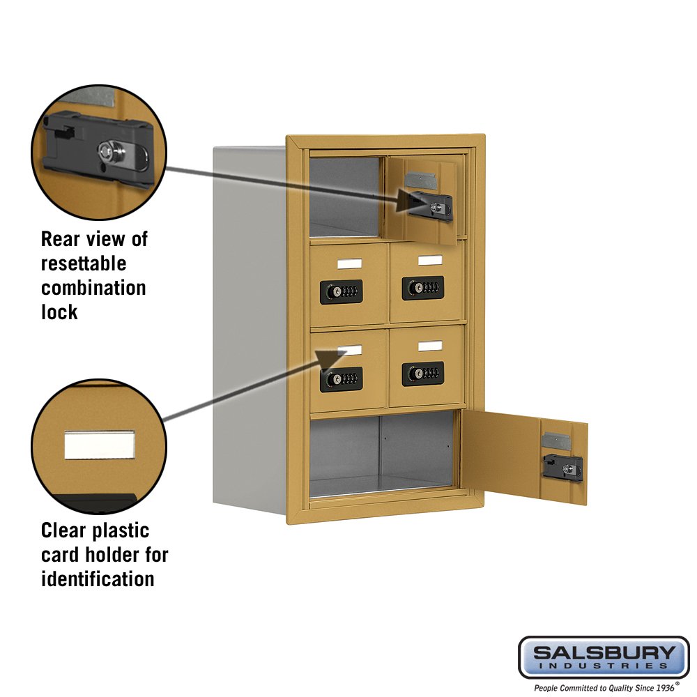 Salsbury Industries 19048-07GRC 4-Unit Recessed Cell Phone Locker with Resettable Combination Locks & 8-Inch Diameter Compartments (Gold) - Secure Storage for Schools, Gyms, and Offices