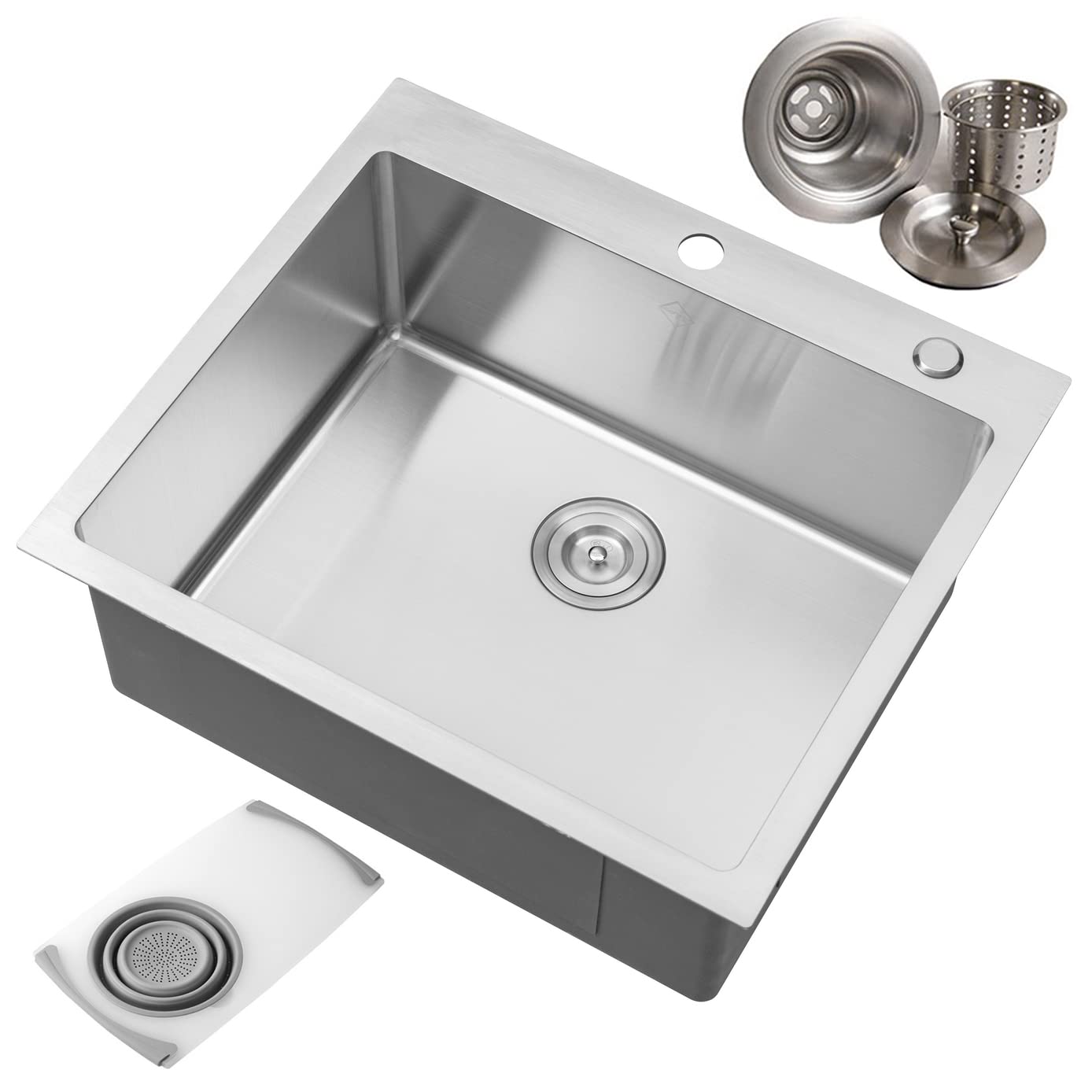 CozyBlock 25-Inch 16-Gauge Stainless Steel Topmount Drop-in Single Bowl Kitchen Sink - Brushed Finish with Cutting Board & Strainer - Perfect for Modern Kitchens, Food Prep & Dishwashing