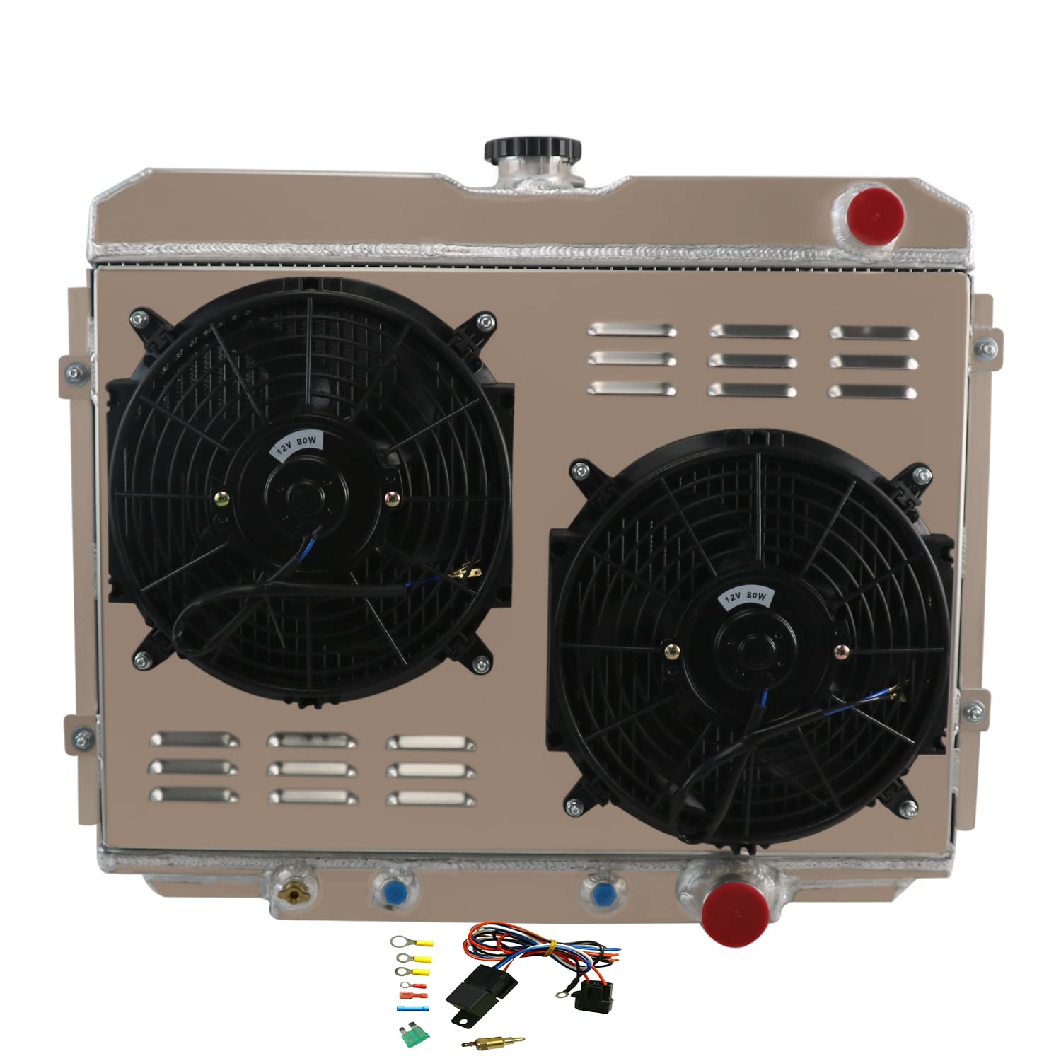 High-Performance 3 Row Aluminum Radiator with Shroud, Fan & Relay Kit - Compatible with 1967-1970 Ford Mustang, Fairlane, Ranchero & Mercury Cougar (4.7L/5.0/5.8L V8) - Perfect for Engine Cooling & Performance Upgrades