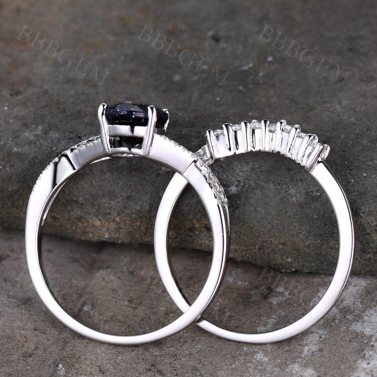 White Gold Blue Sandstone Bridal Ring Set - 6x8mm Oval Cut Infinity Moissanite Band for Women | Perfect for Engagement, Wedding & Anniversary Gifts